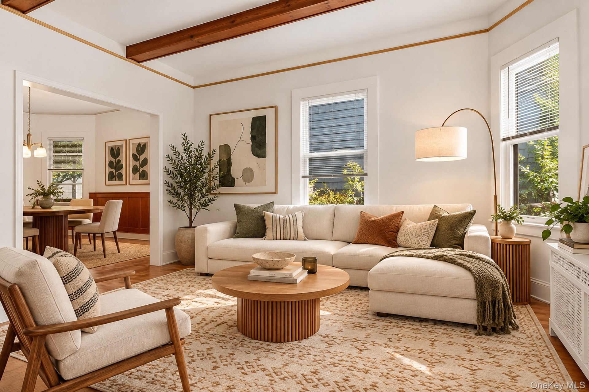 Virtually Staged Living Room looking into Dining Room