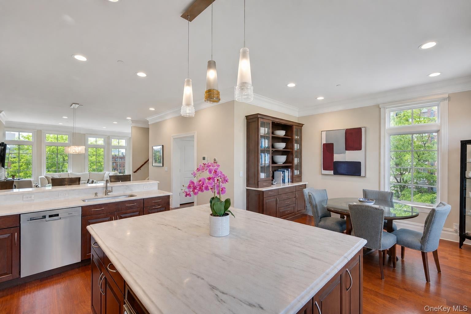 View of breakfast nook and custom built-ins