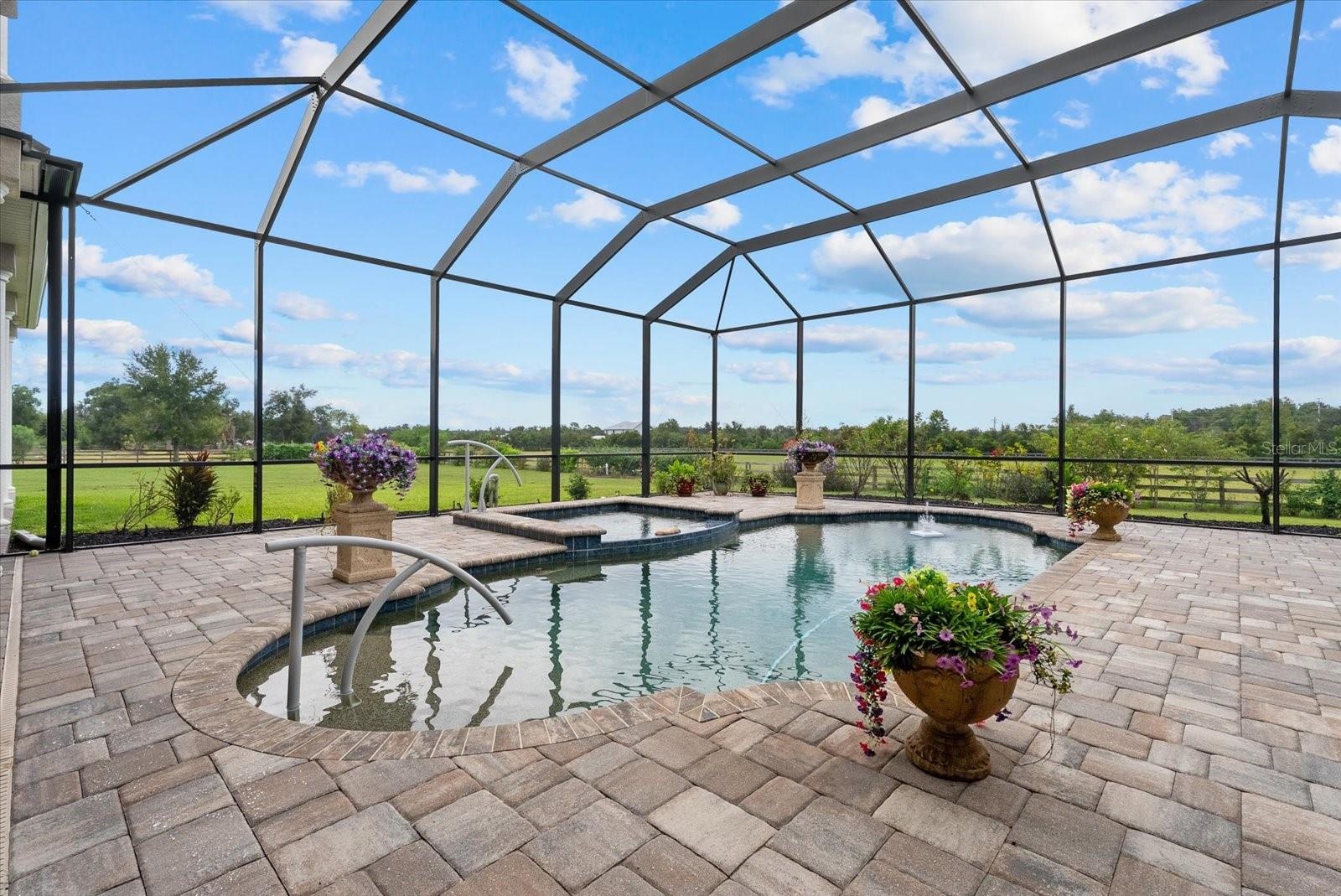 The pool deck is covered in brick paver, bronze colored pool screen and views of the back pastures