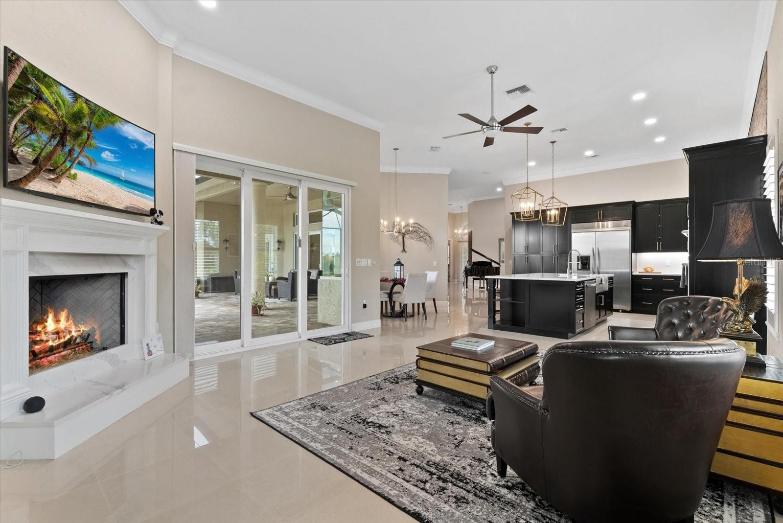 The family room, looking back towards the kitchen and breakfast nook