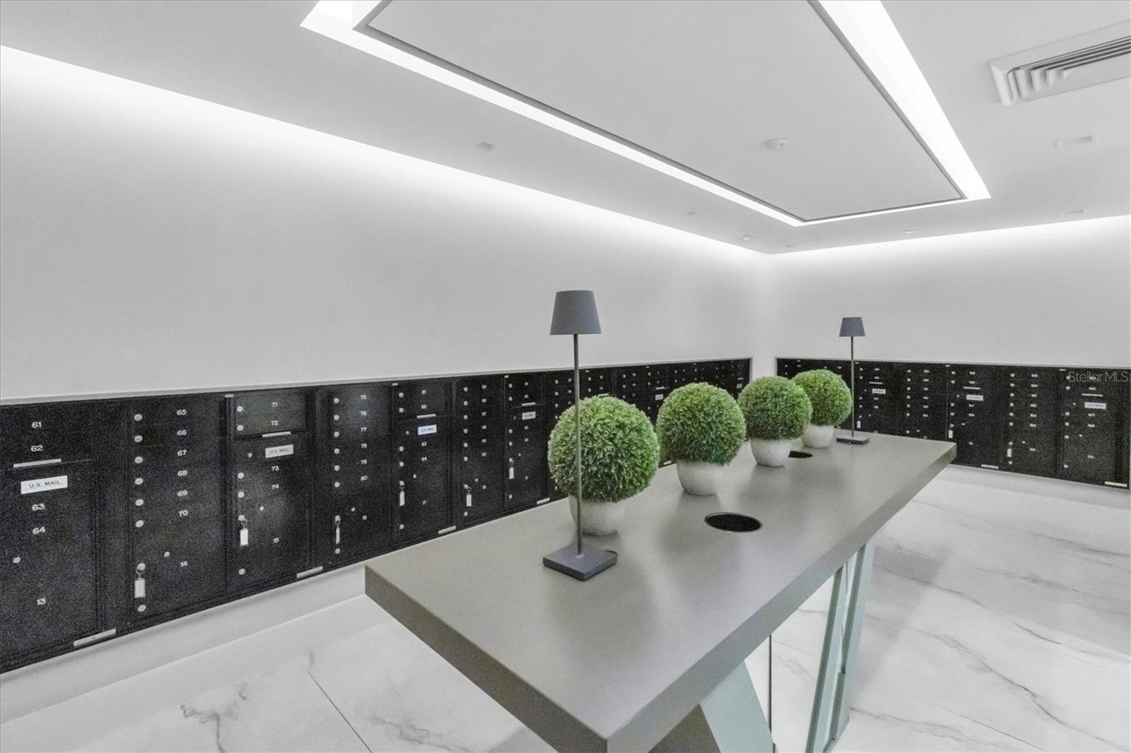 Private resident mailroom and package storage area.