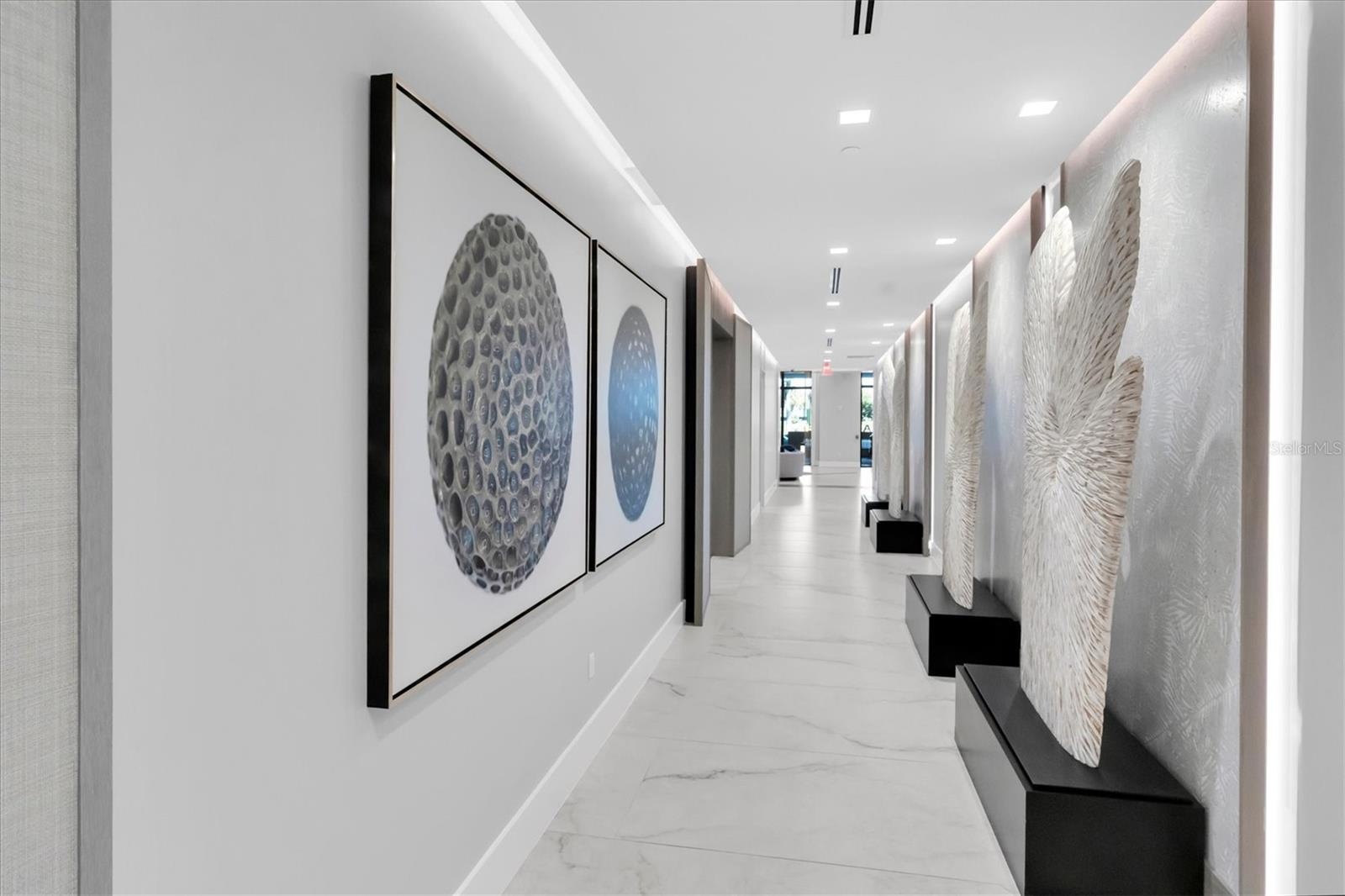 Sophisticated lobby lounge with contemporary art.