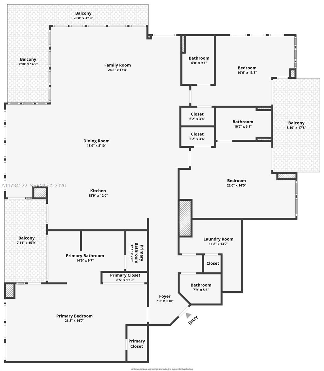 2,606 sq ft3 bedrooms, each with its own bathroom and walk-in closet, 3 balconies plus powder room. kitchen with long island, dinning room and living 