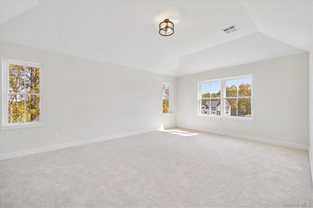 Spare room with light colored carpet and lofted ceiling