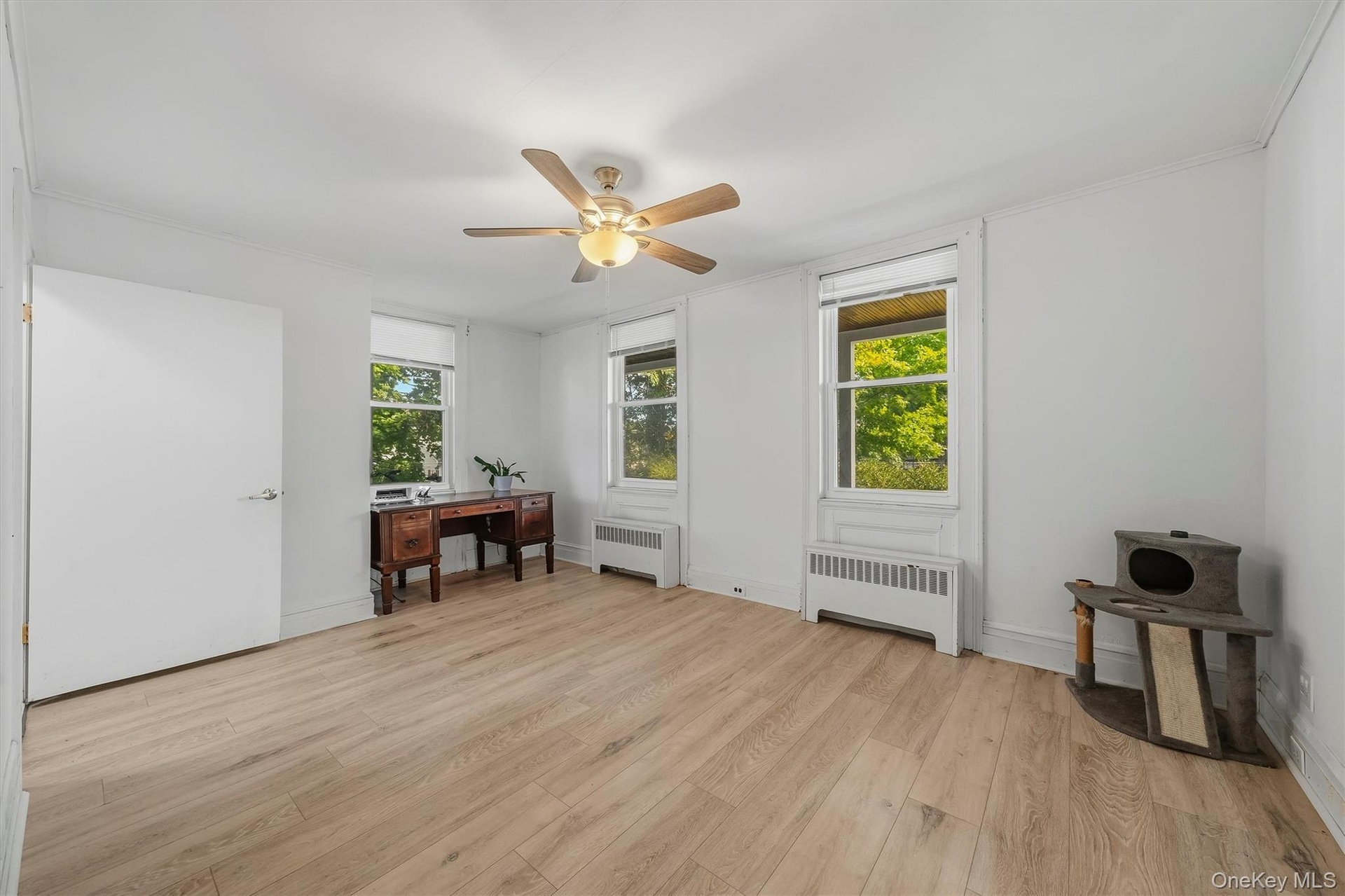 Wood-finish flooring, two windows with roller shades, white walls, and a ceiling fan with integrated lighting