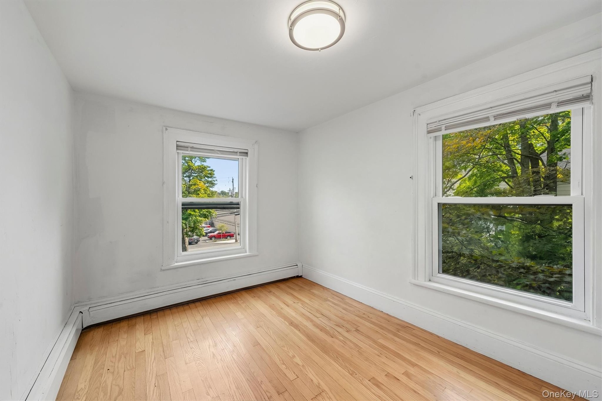 Hardwood flooring, two windows, ceiling-mounted light fixture, white walls, and white trim