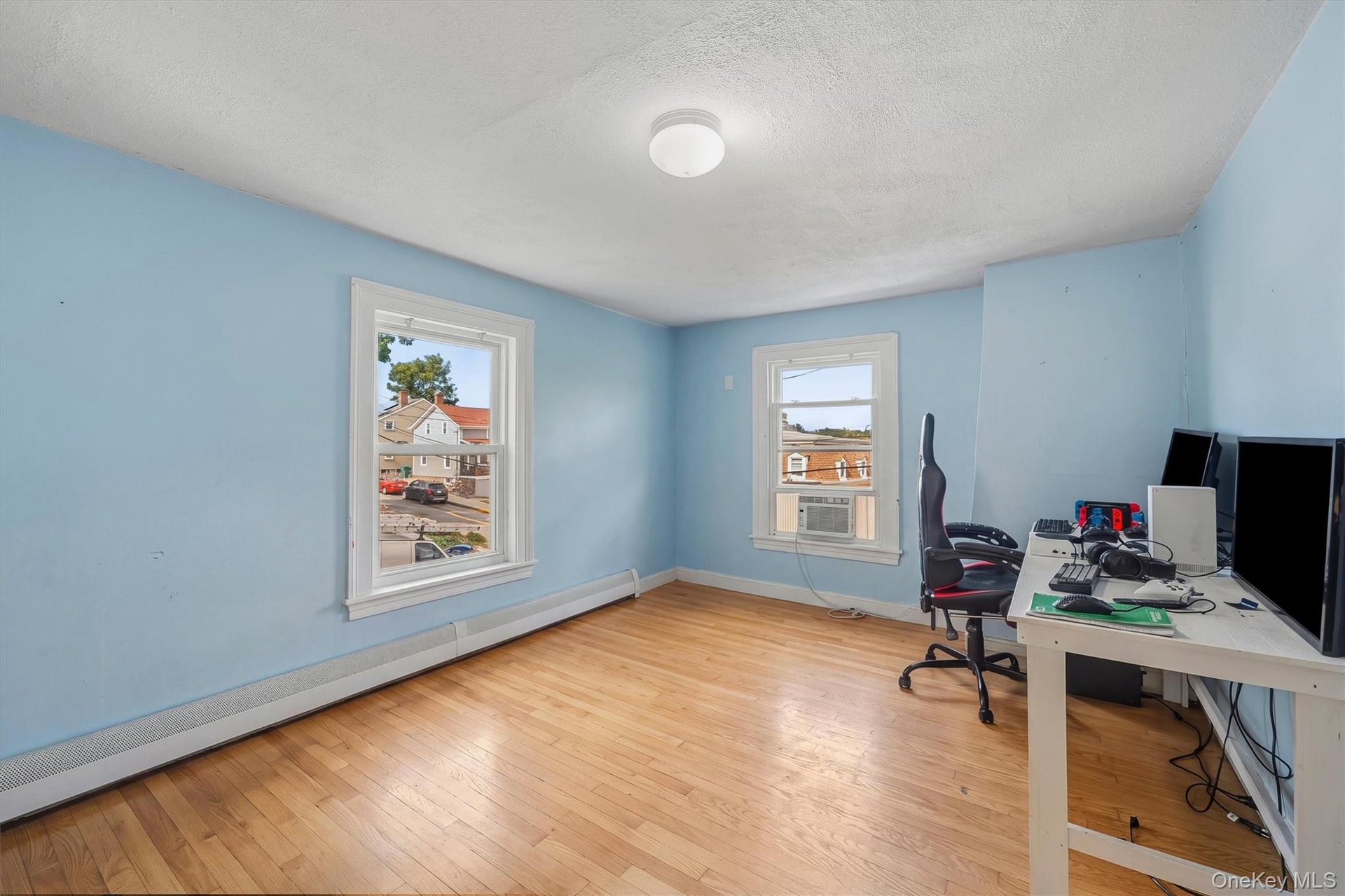 Hardwood flooring, two windows with white trim, light blue painted walls, and a ceiling-mounted light fixture