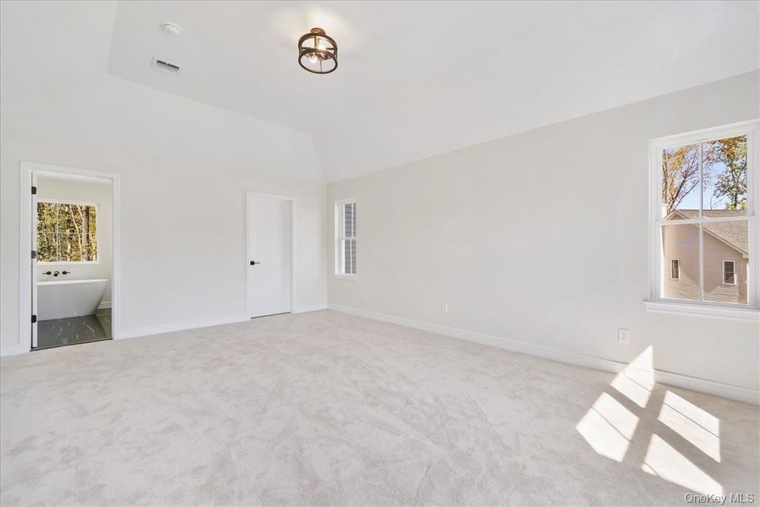 Unfurnished bedroom featuring light carpet, vaulted ceiling, and multiple windows