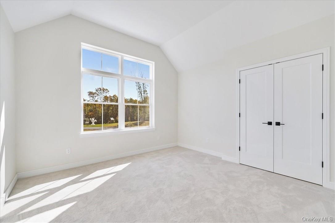Unfurnished bedroom featuring lofted ceiling, light carpet, and a closet