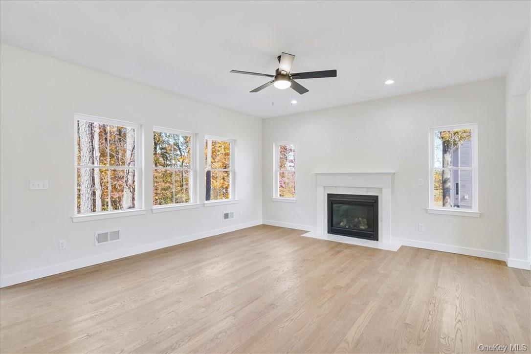 Unfurnished living room featuring a healthy amount of sunlight, ceiling fan, and light hardwood / wood-style flooring