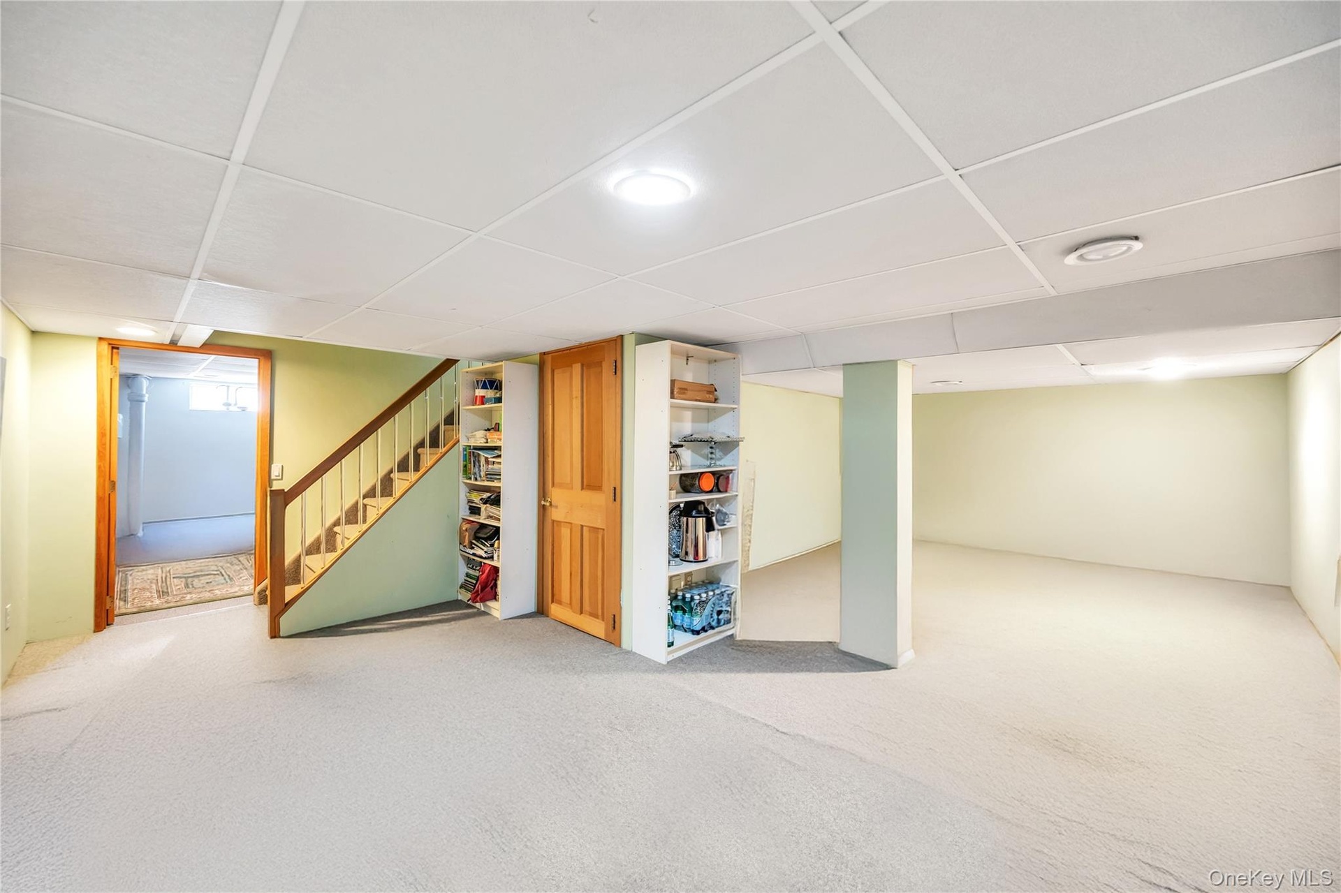Below grade area with stairs, a drop ceiling, and carpet floors