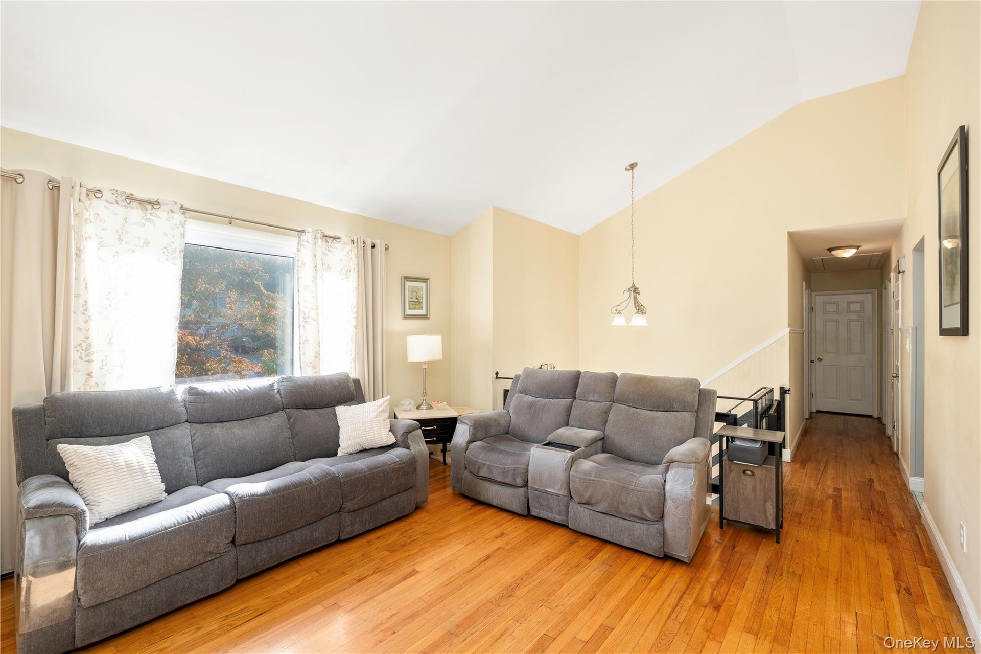 Vaulted ceiling, wood-finish flooring, large window, two-panel interior door, and pendant lighting fixture