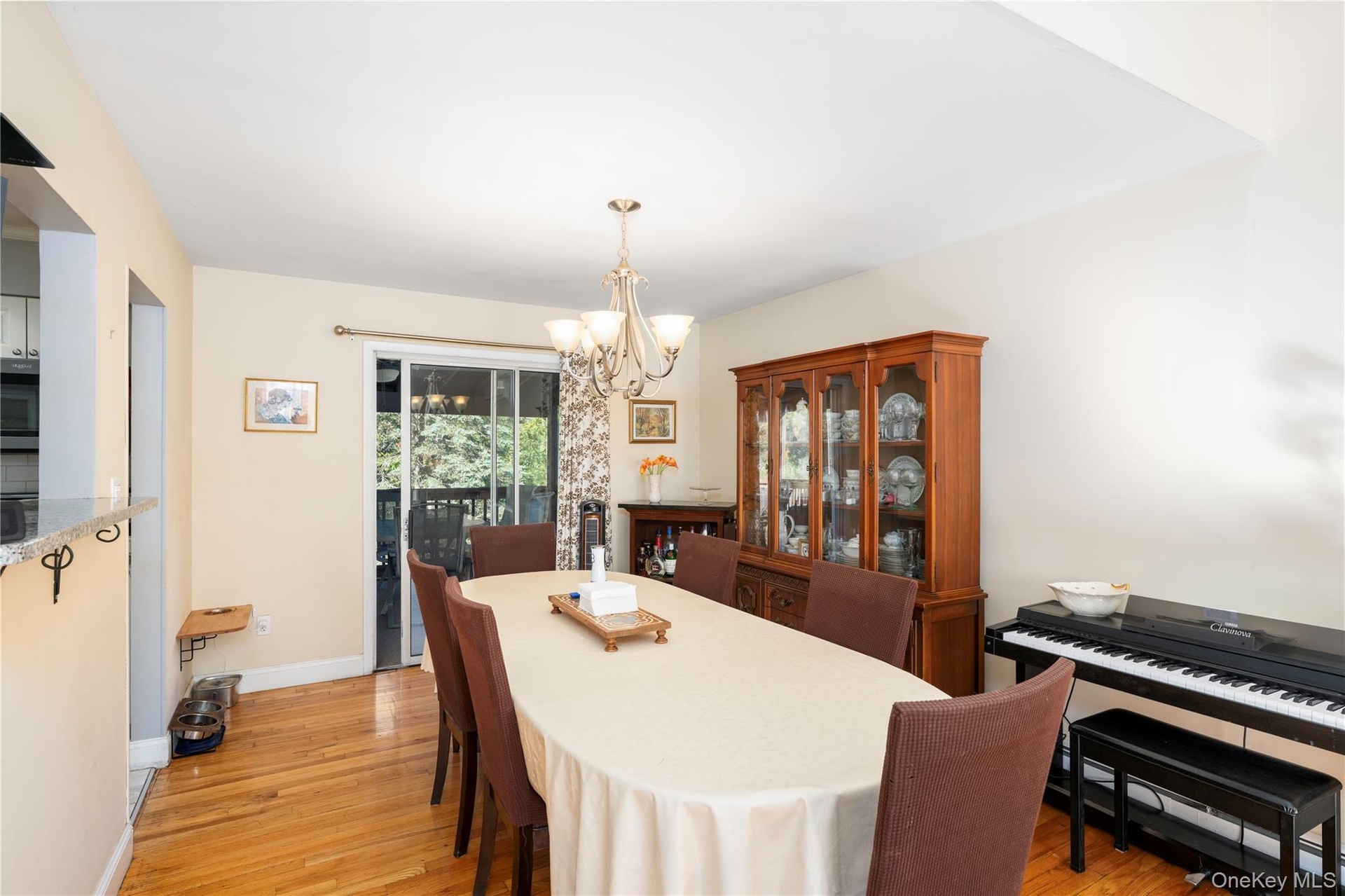 Hardwood flooring, sliding glass door, pendant light fixture, and a built-in display cabinet