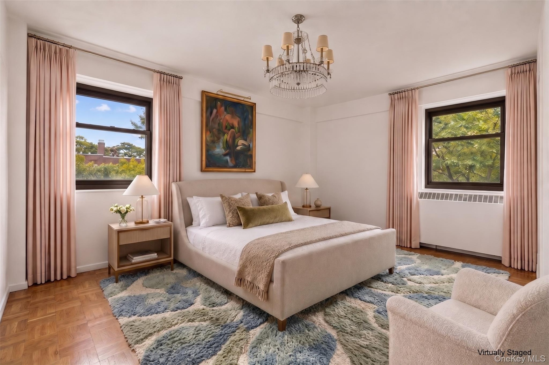 Master bedroom staged with queen sized bed