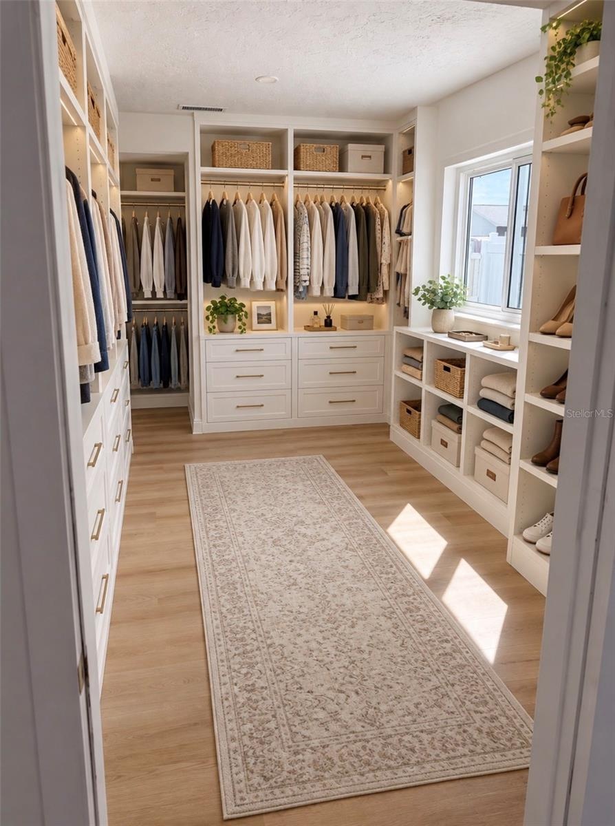 Very large primary closet, but digitally staged