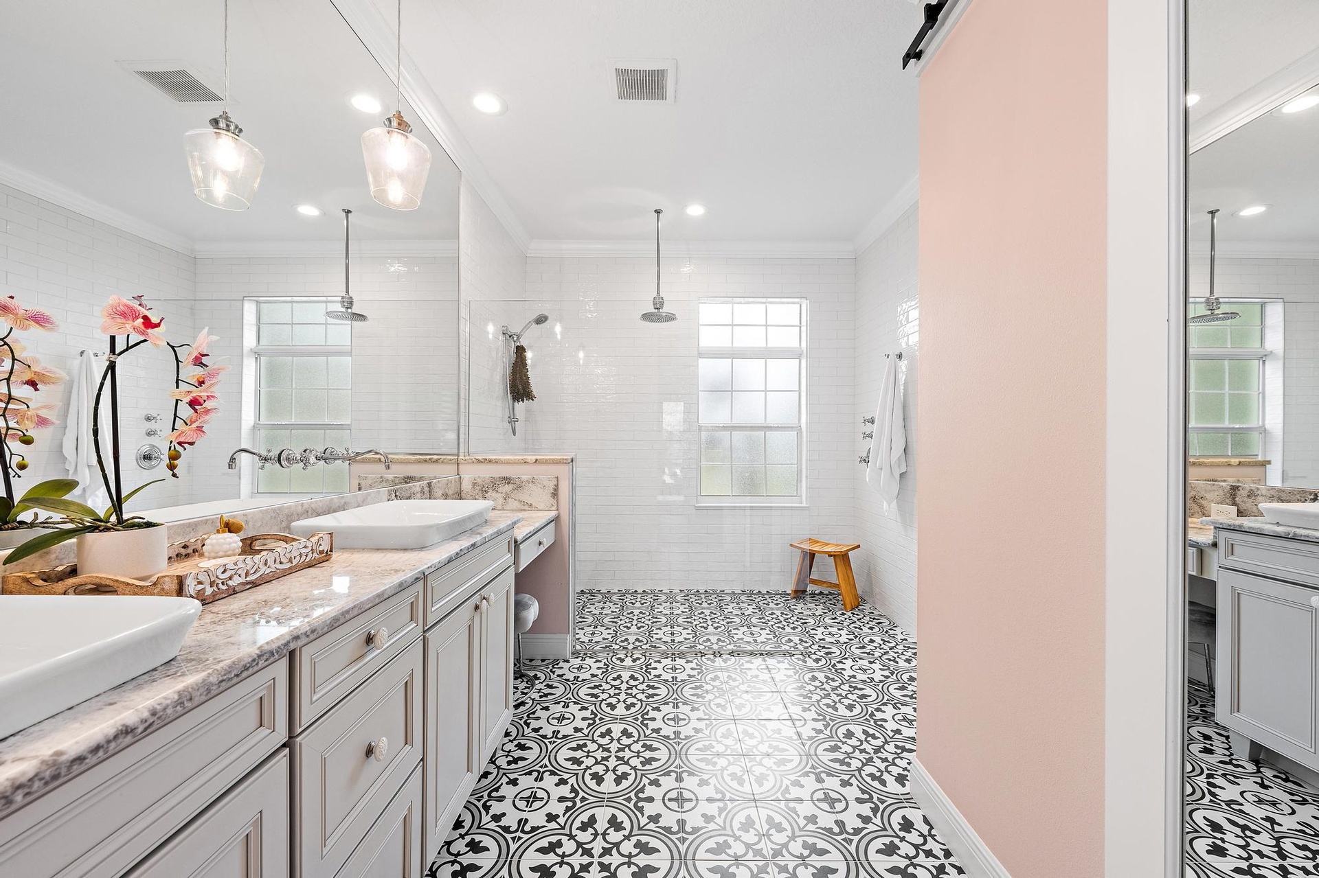 It's a Vibe! Your Primary Bathroom includes a Double Vanity, a Custom Built Walk In Closet and a Double Shower of Epic Proportions!