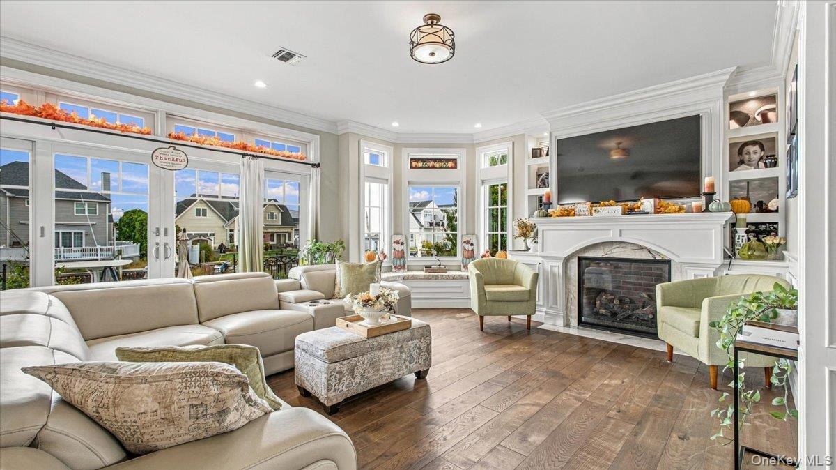 Bright living room with water views