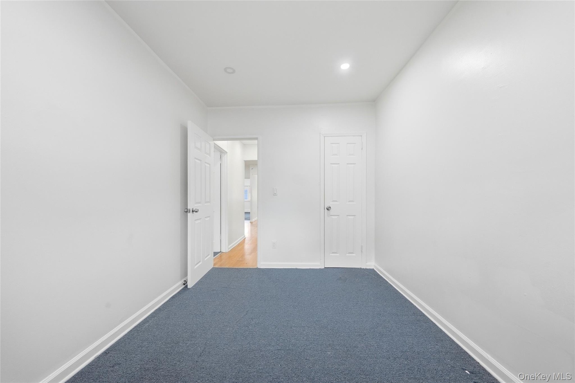 White painted walls with blue carpeting, recessed ceiling lighting, and white paneled doors