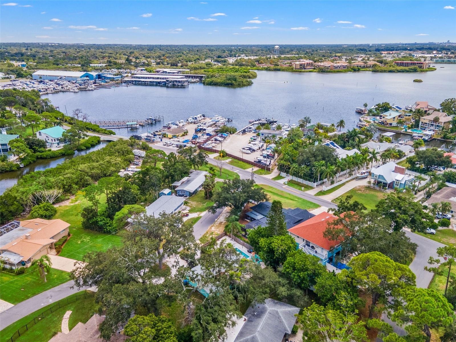 Aerial perspective highlights just how close the home is to local marinas and the waterfront lifestyle Ozona is known for.