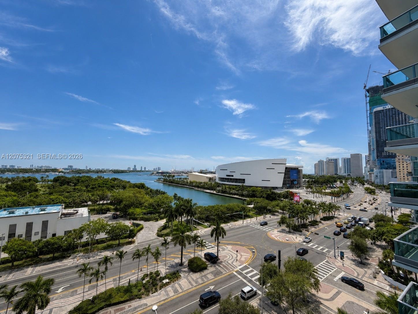 View to the Miami Heat arena, Museum Park, Perez Art Museum and the Port of Miami.