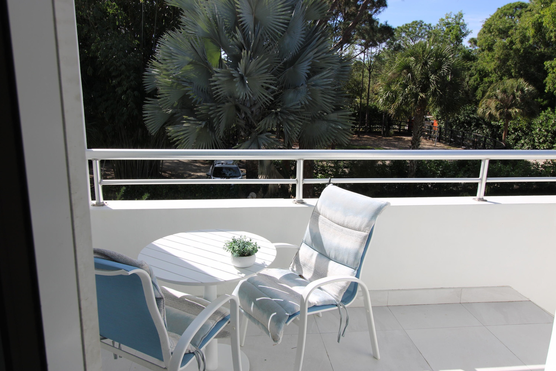 Royal Suite West balcony dining overlooking the second gate and a paddock fenced area
