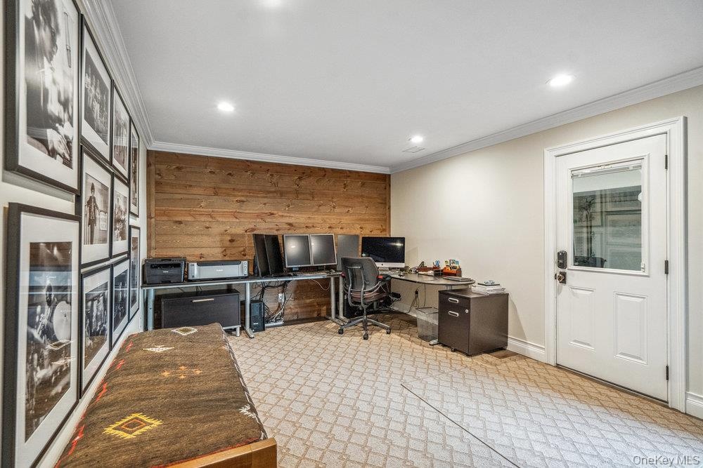Shiplap accent wall, recessed lighting, crown molding, white trim, and a paneled door with a glass insert