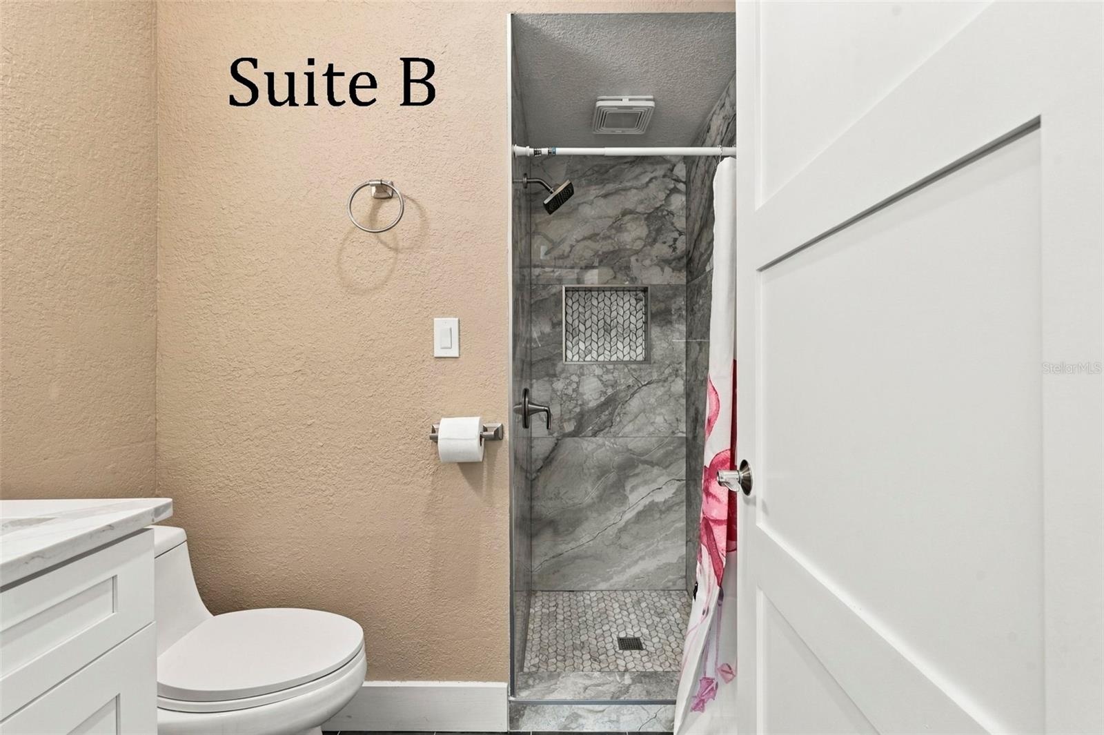 Double Glass Doors into Suite B, with Private Full Bathroom, Window to the Front of the Office, located by the Lobby