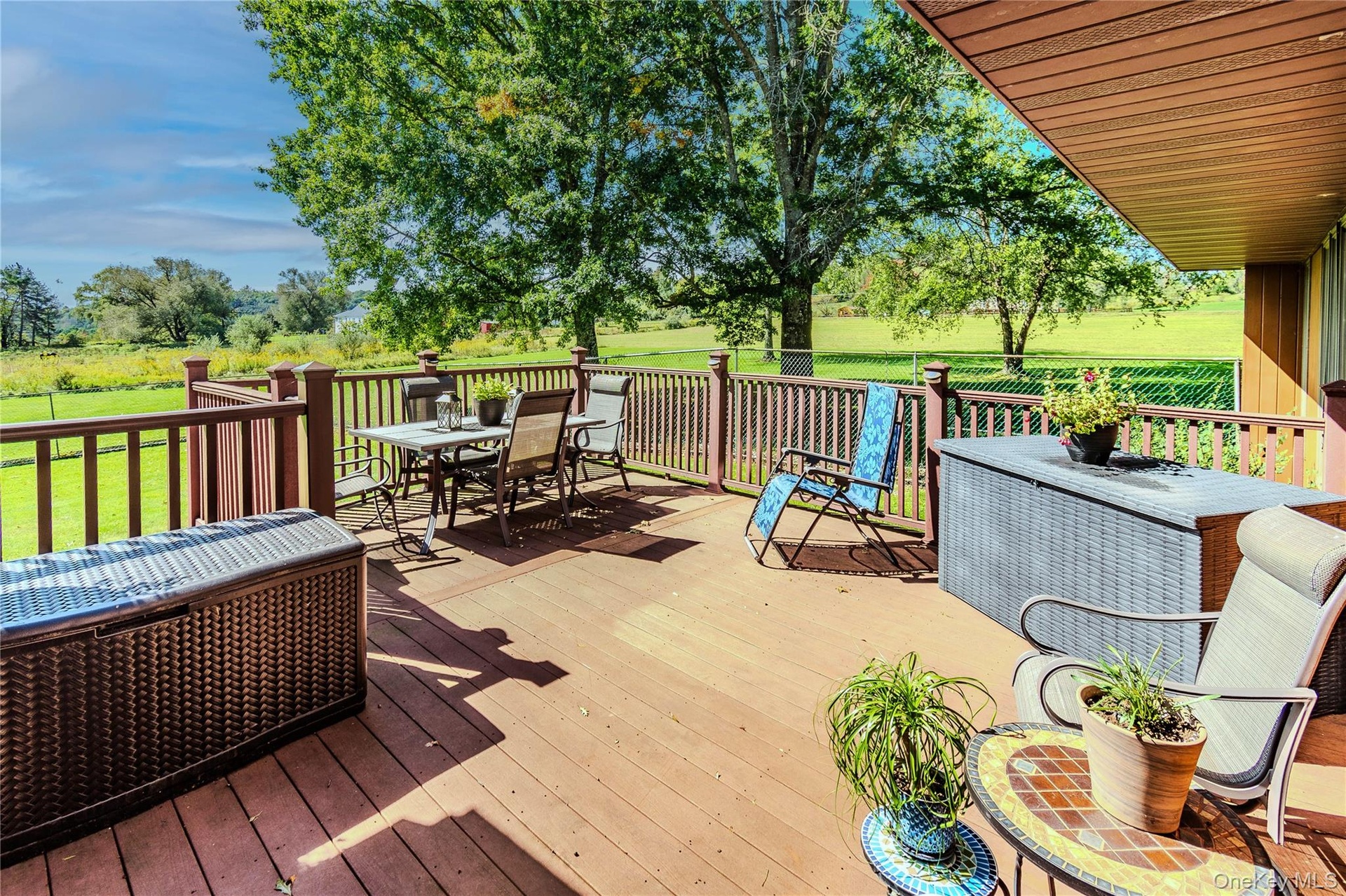 Expansive outdoor deck with wood-finish decking and perimeter railing