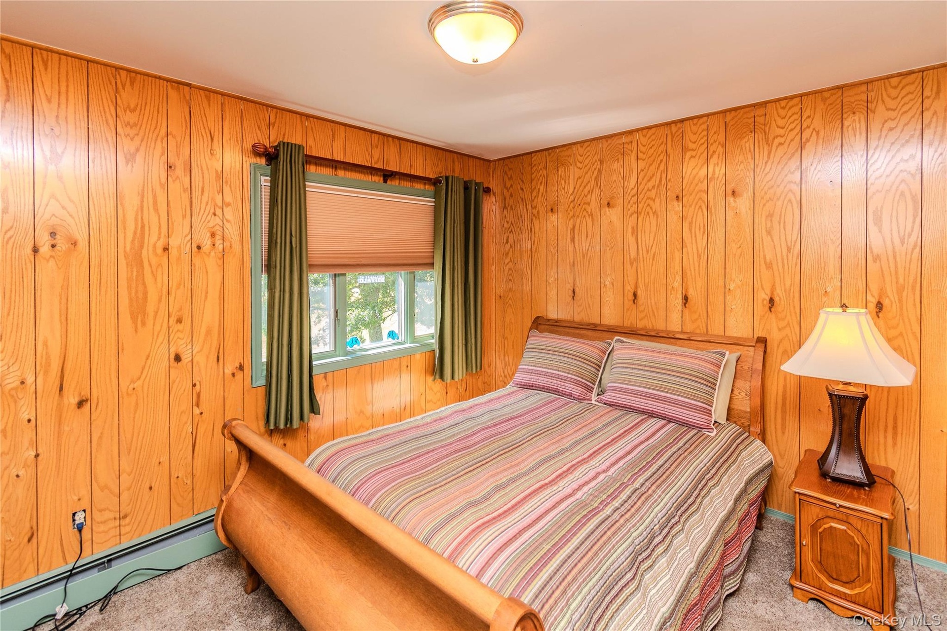 Wood-paneled walls and ceiling-mounted light fixture