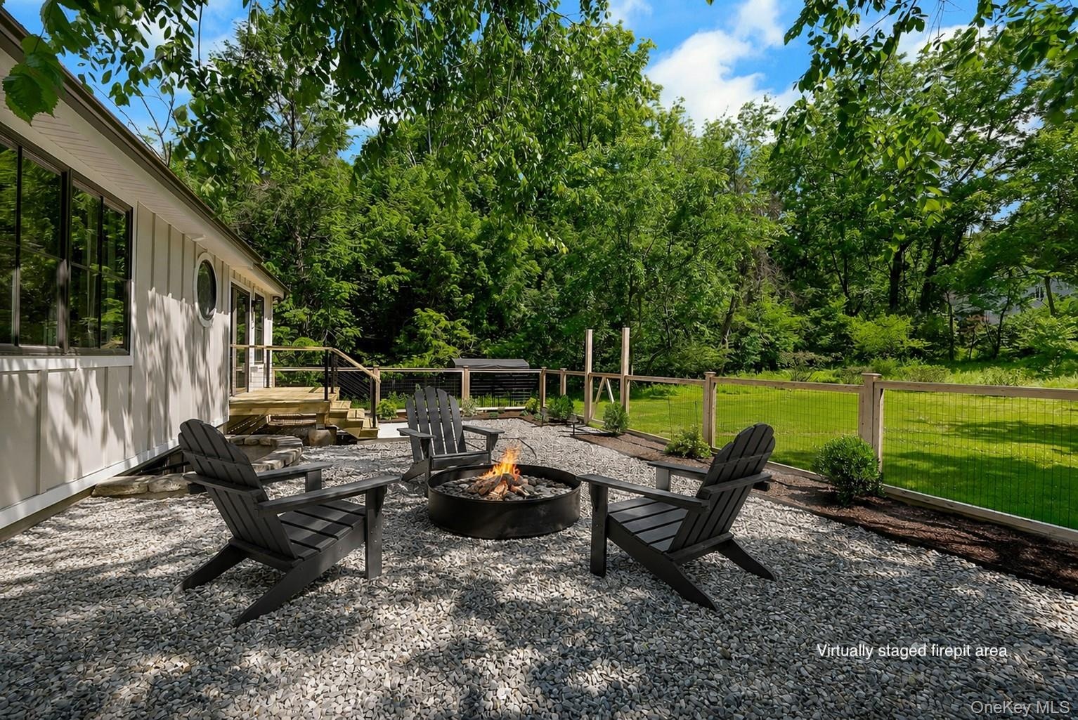 Virtually staged chairs and fire pit.