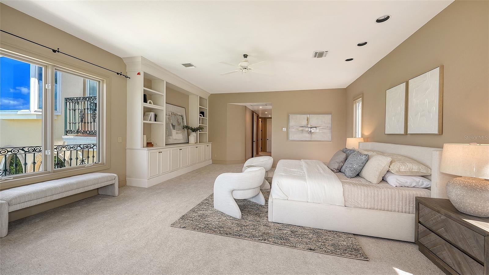 Extensive built ins add architectural interest and exceptional functionality to this spacious private retreat.