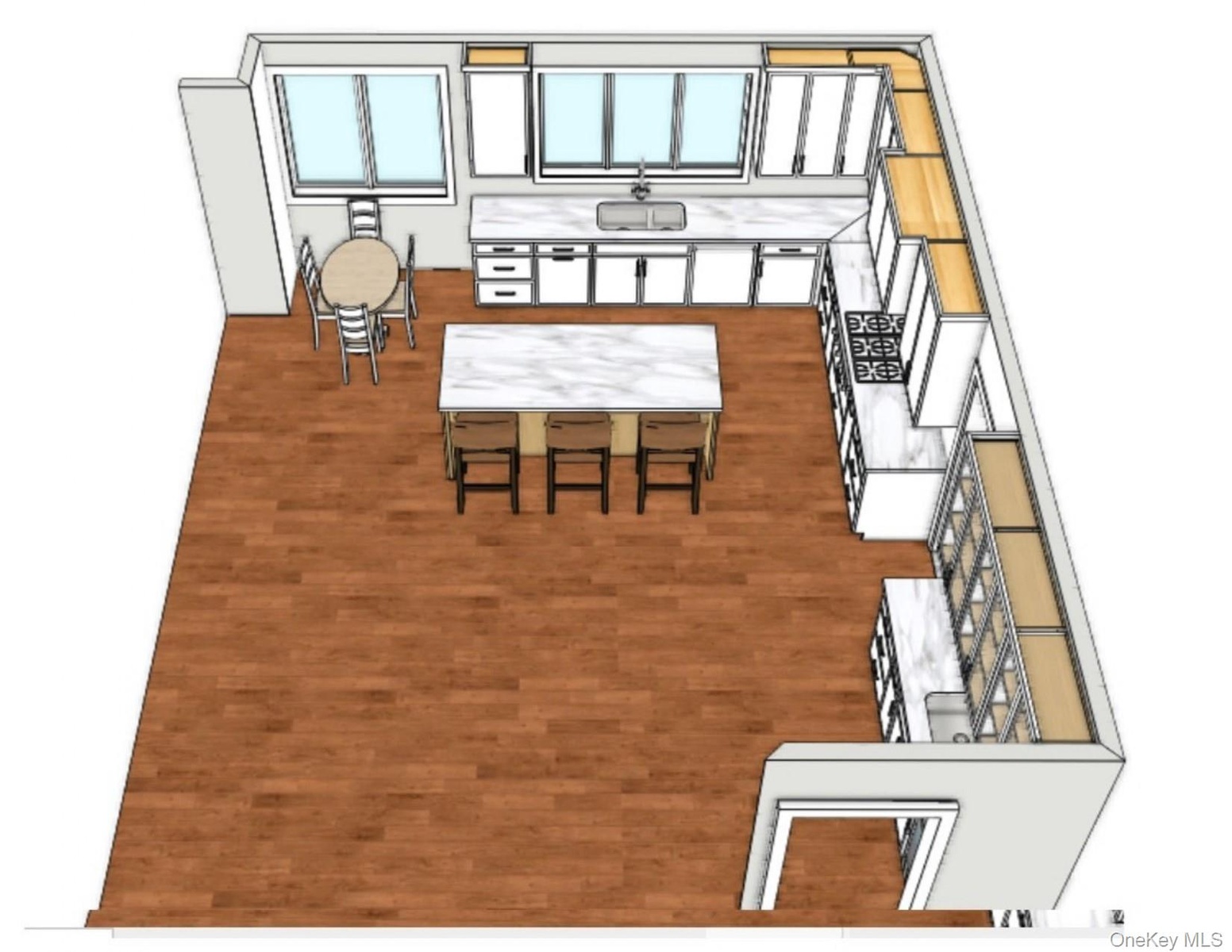 Rendering showing butlers pantry with sink and beverage cooler adjacent to dining room door (bottom right)