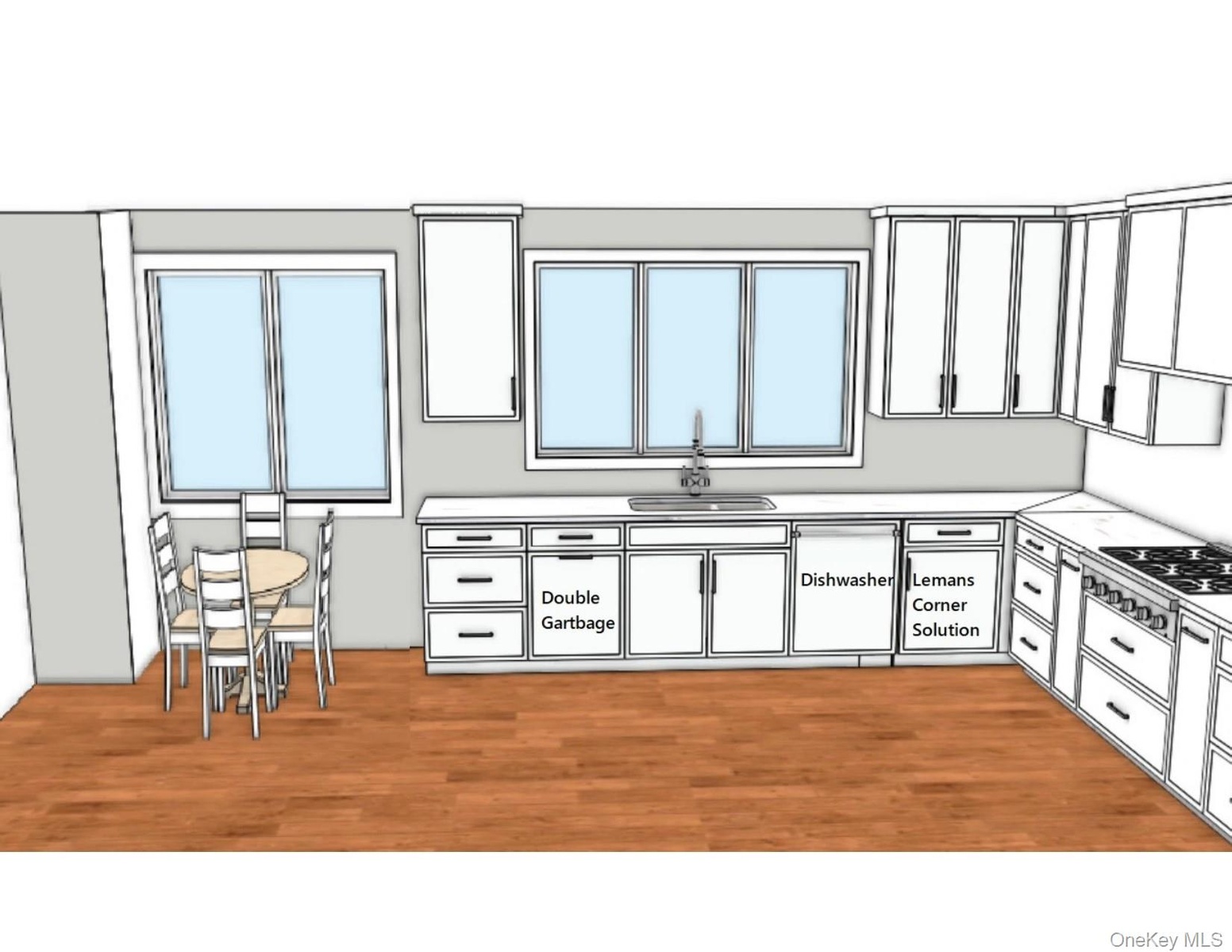 Kitchen rendering showing lower cabinets and drawers (see next drawing for position of island). Refrigerator and double wall ovens will be installed o