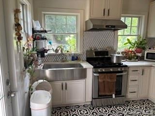 Stainless steel range, stainless steel farmhouse sink, diamond-patterned backsplash, light-toned cabinetry, and patterned floor tile