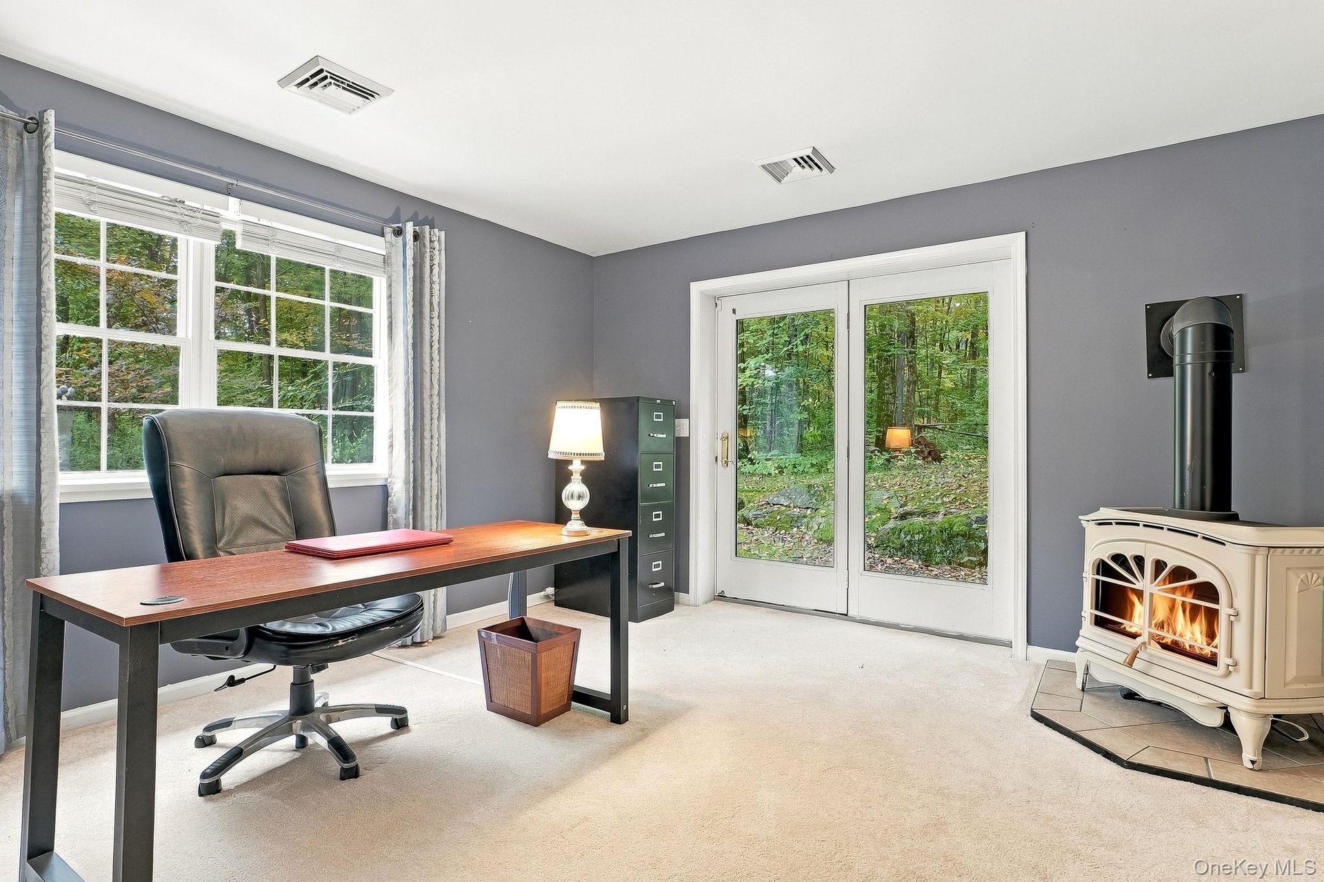 Soft carpeting with a corner-set propane stove on a tile hearth