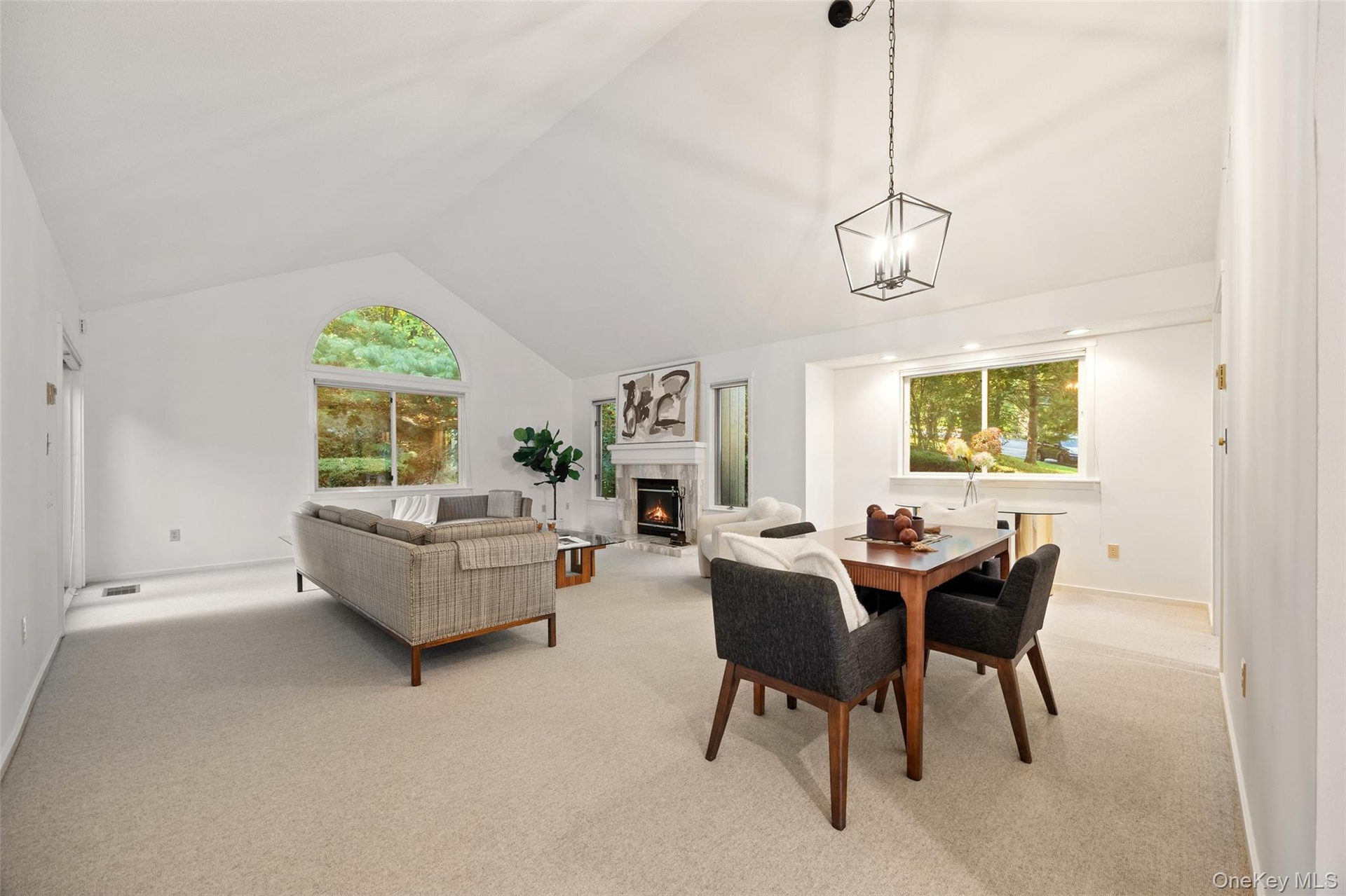 High ceilings, stone fireplace surround, abundant natural light, & understated elegance.
