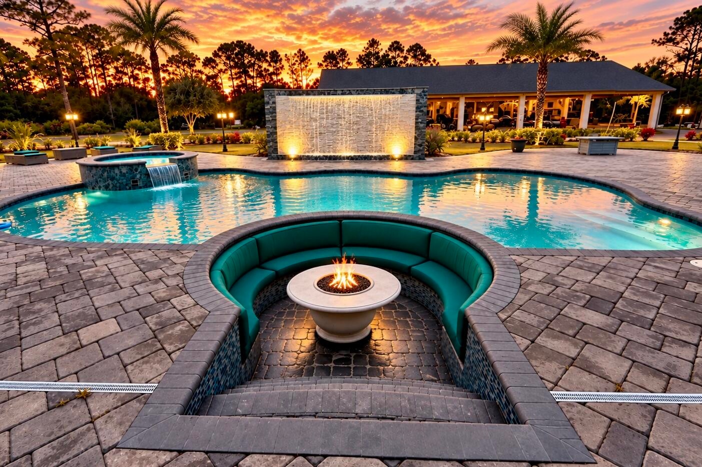 Sunken Lounge and firepit feature, water wall and spa.