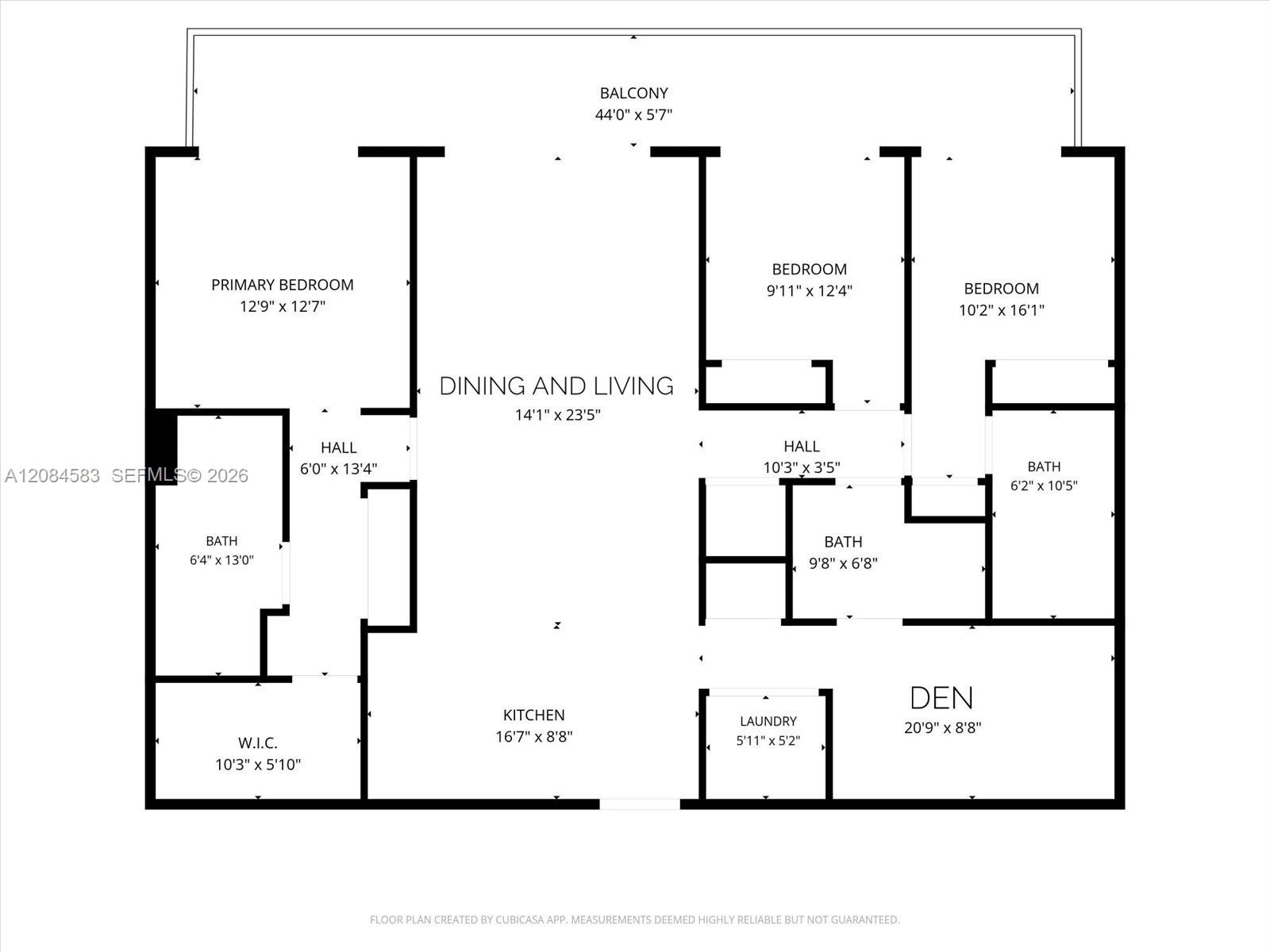 Residence H floor plan: 3BR + den, 3BA | 1,652 SF interior + 259 SF balcony