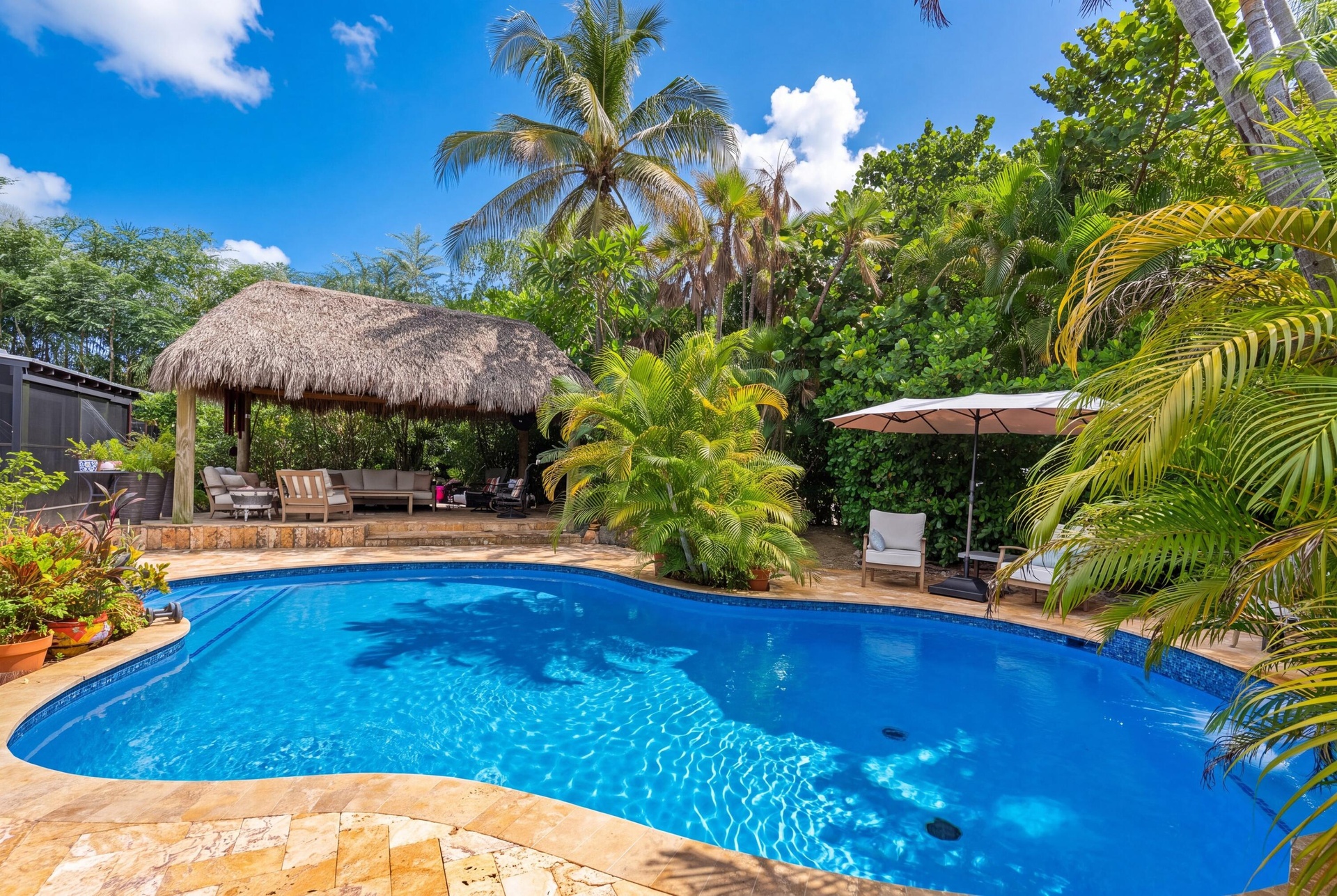 Pool deck, and tiki hut.