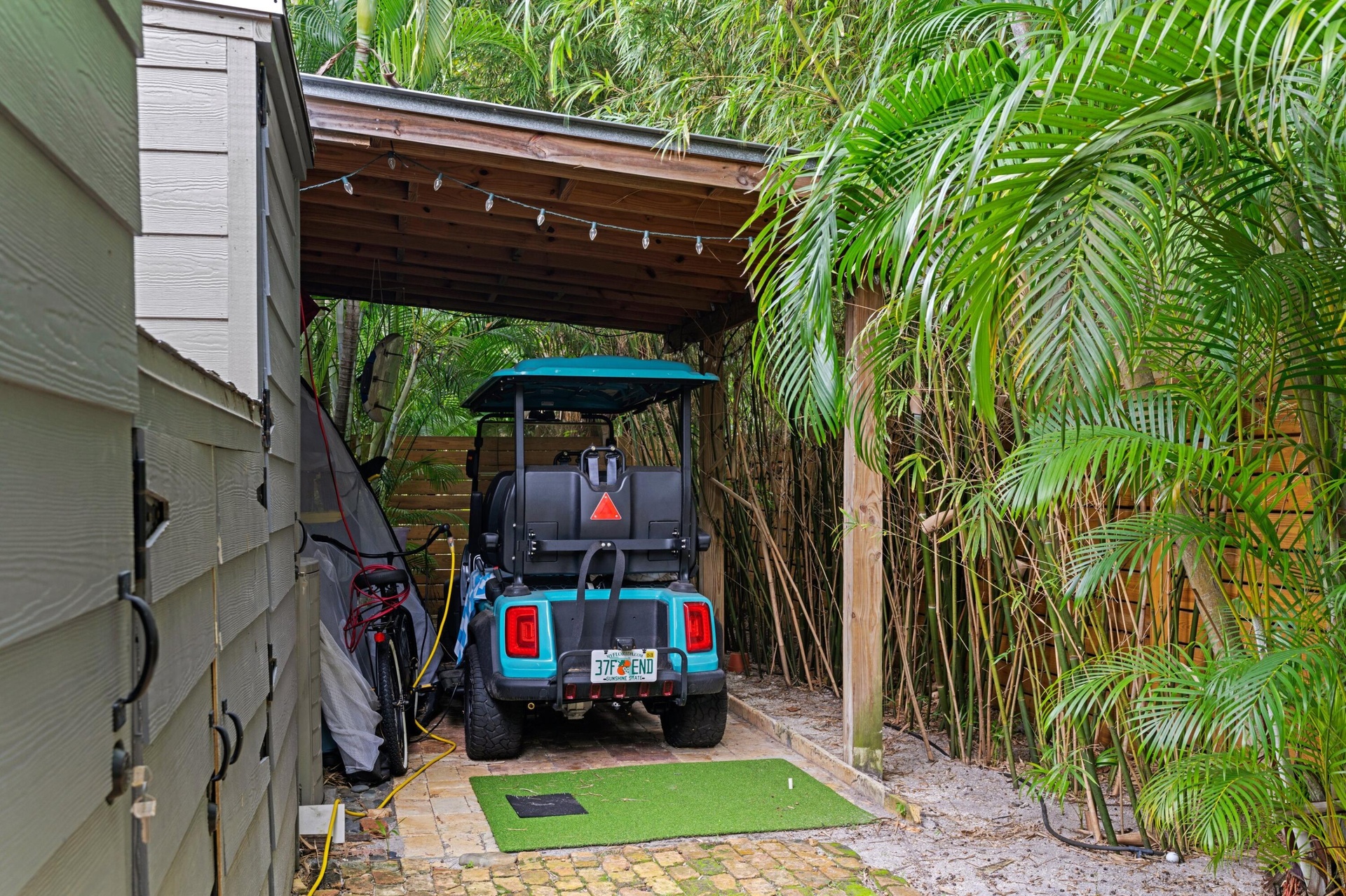 Golf cart carport, and storage closets.