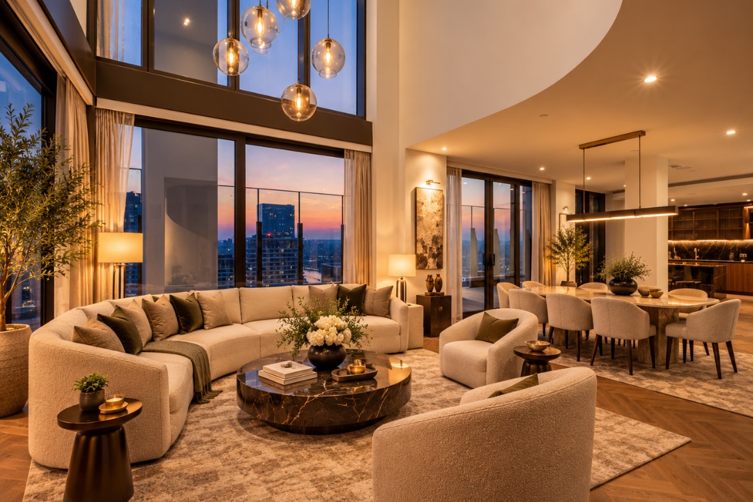 Canary Wharf Penthouse Living - This is a virtually staged image intended to help buyers visualise the room’s potential.
