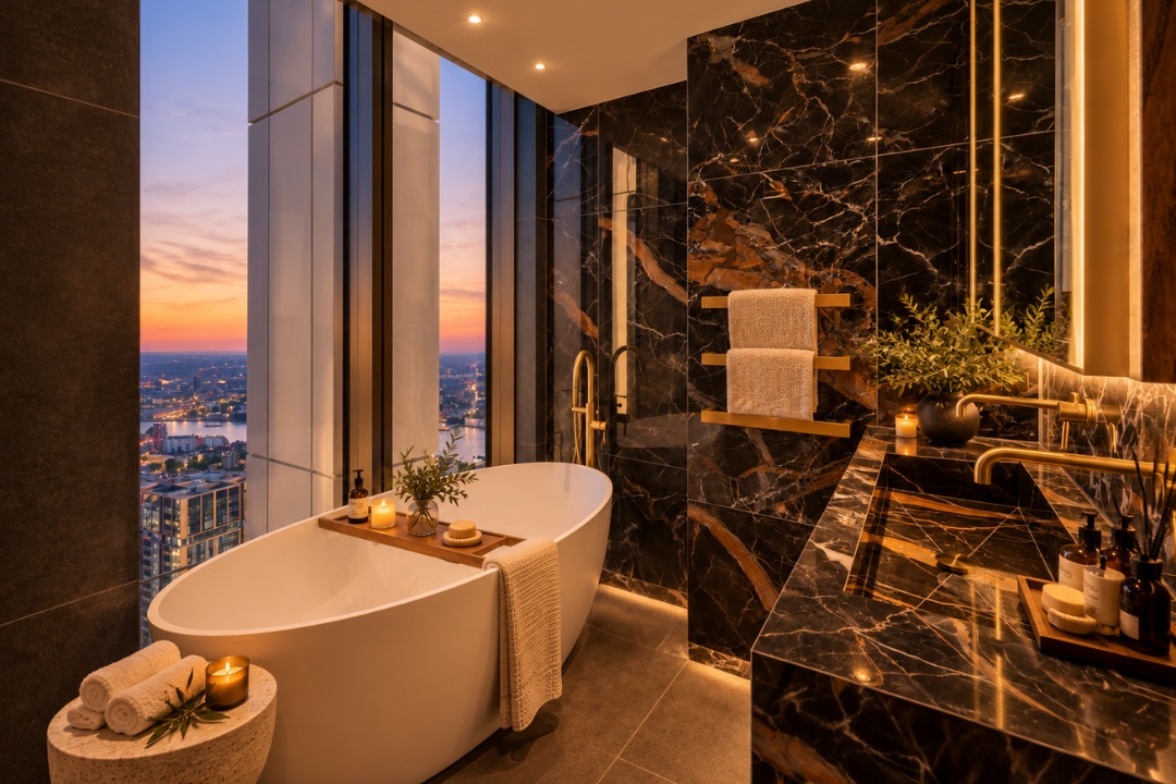 Bathroom with a View- This is a virtually staged image intended to help buyers visualise the room’s potential.