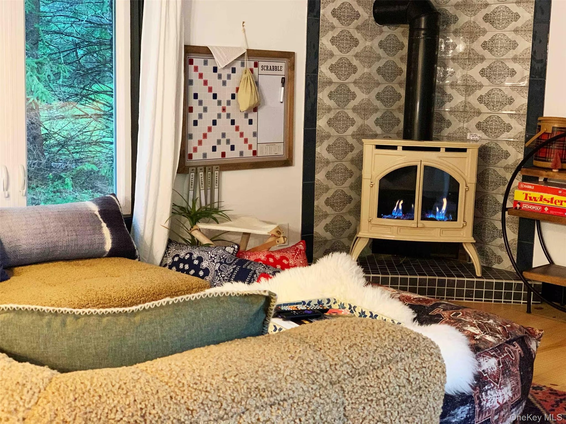 propane fireplace in the main living area of the Cowboy Cabin