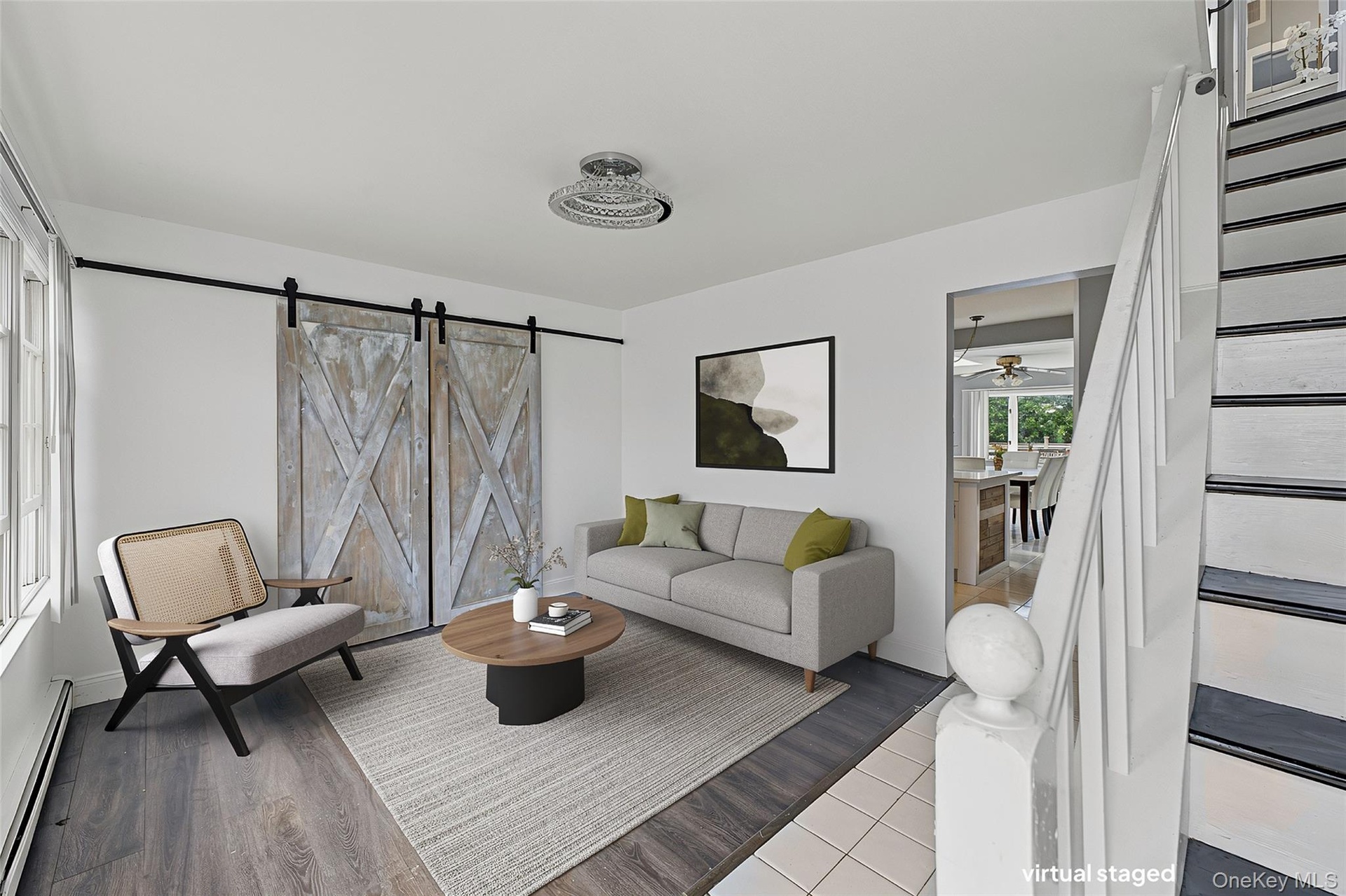 Virtually Staged Living Room view from front door entry