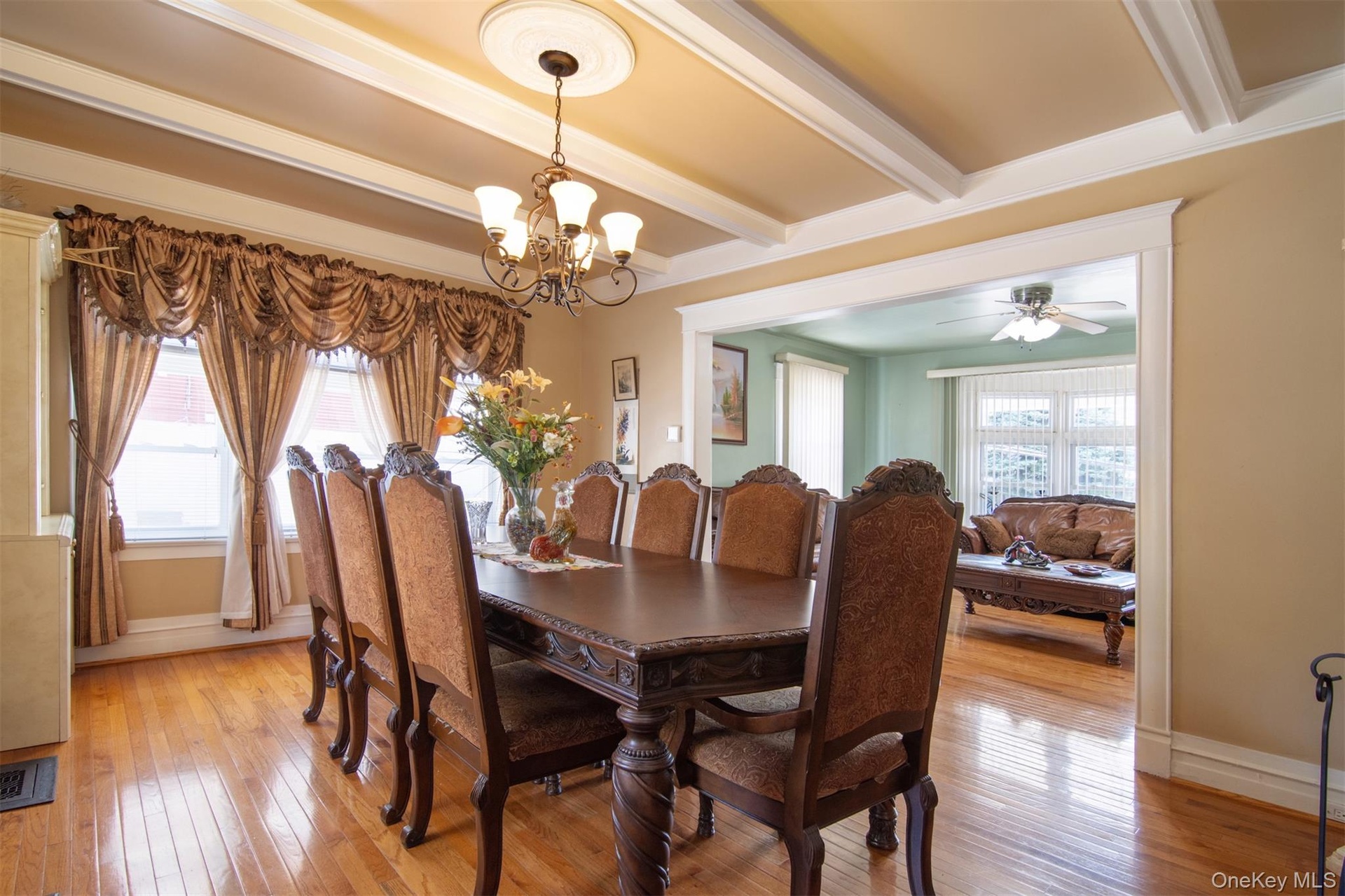 Beamed ceiling in dining room