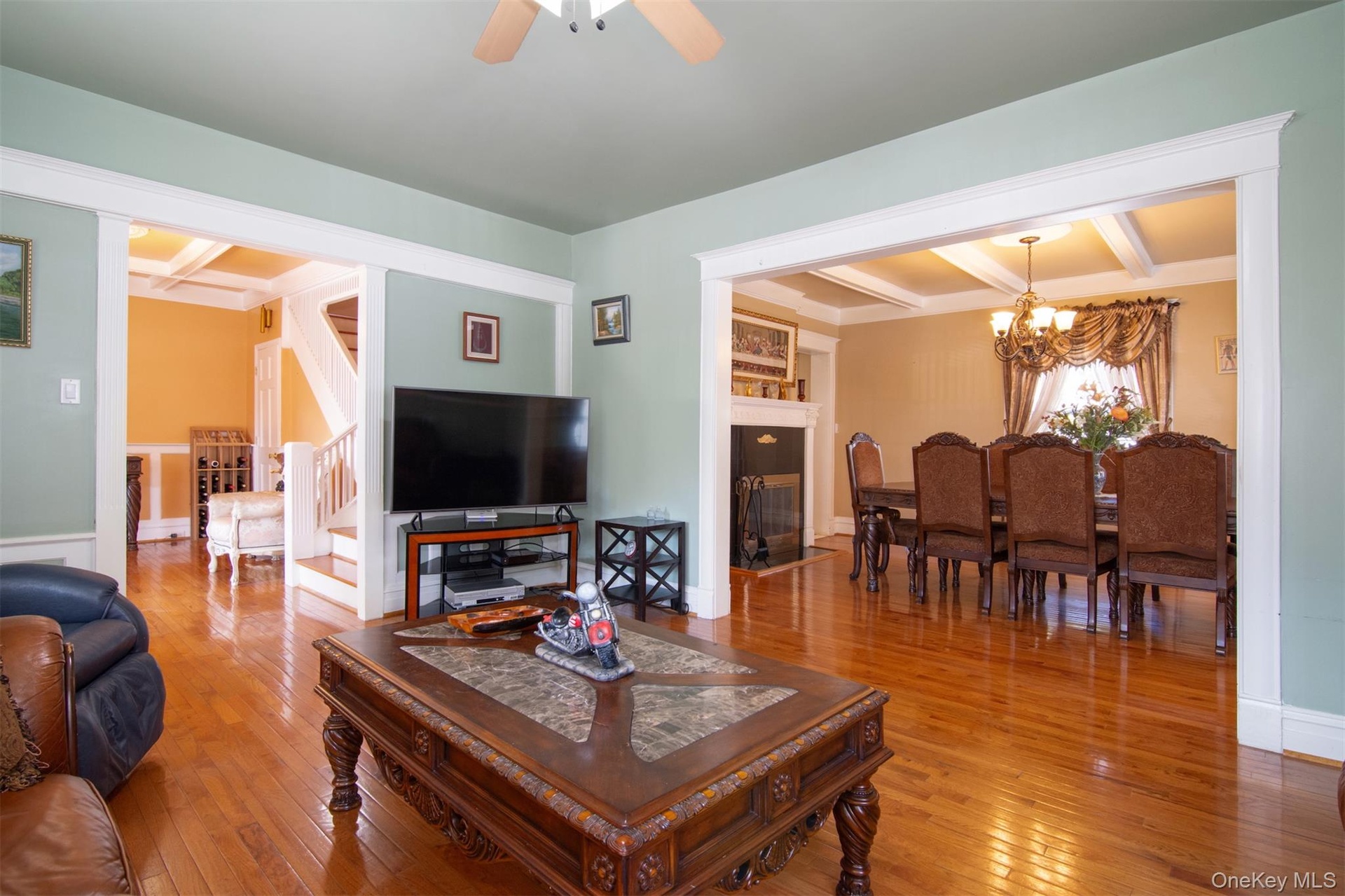 Living room with beamed ceiling
