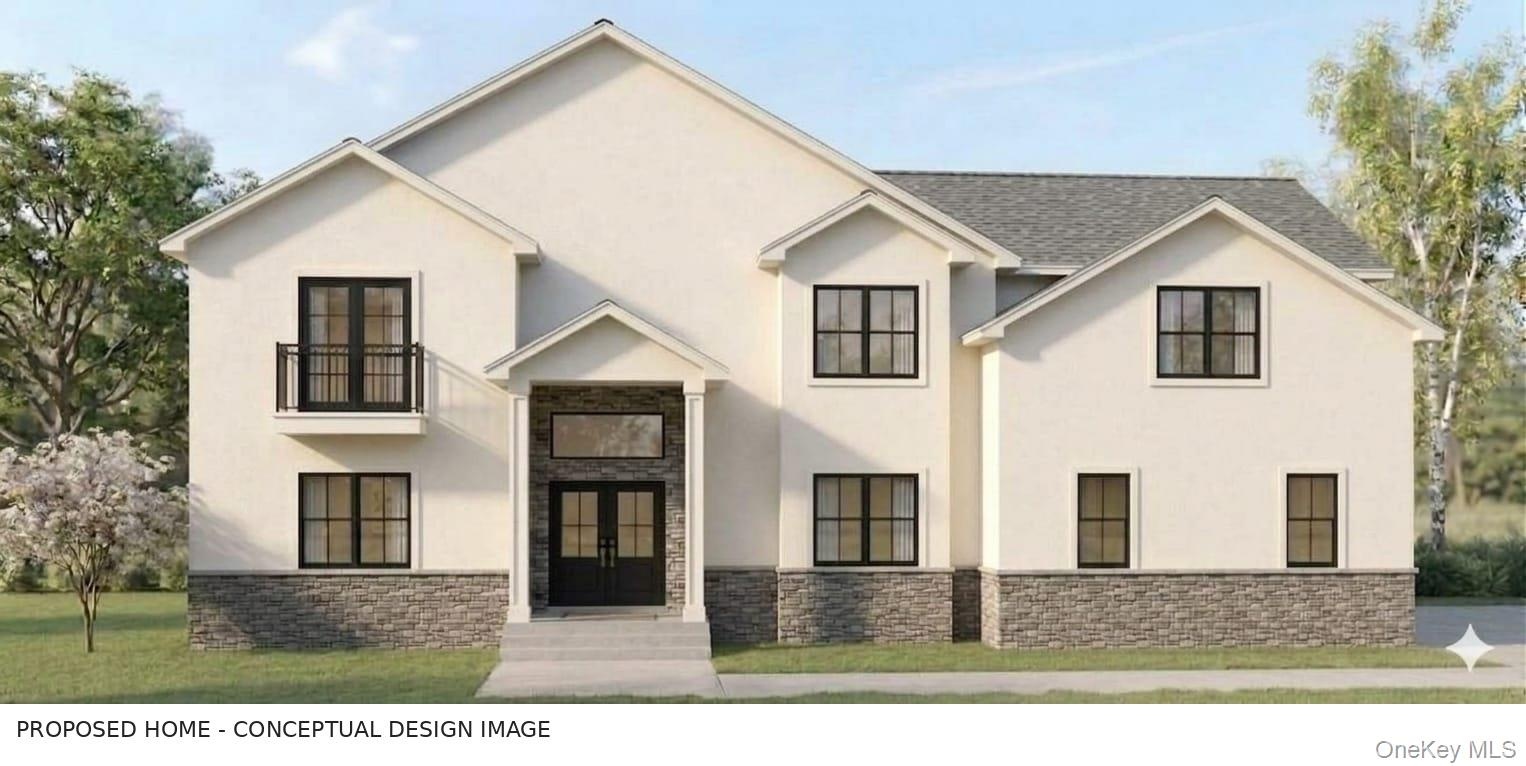 Conceptual exterior design for the to-be-built home. Architectural potential only; not a photograph of a completed home. Smooth stucco and stone, whit