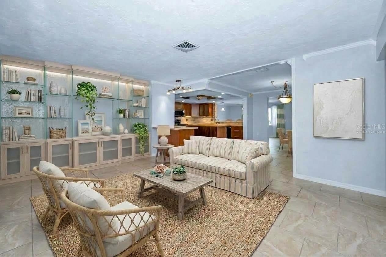 Virtually Staged Living Room looking into the Kitchen