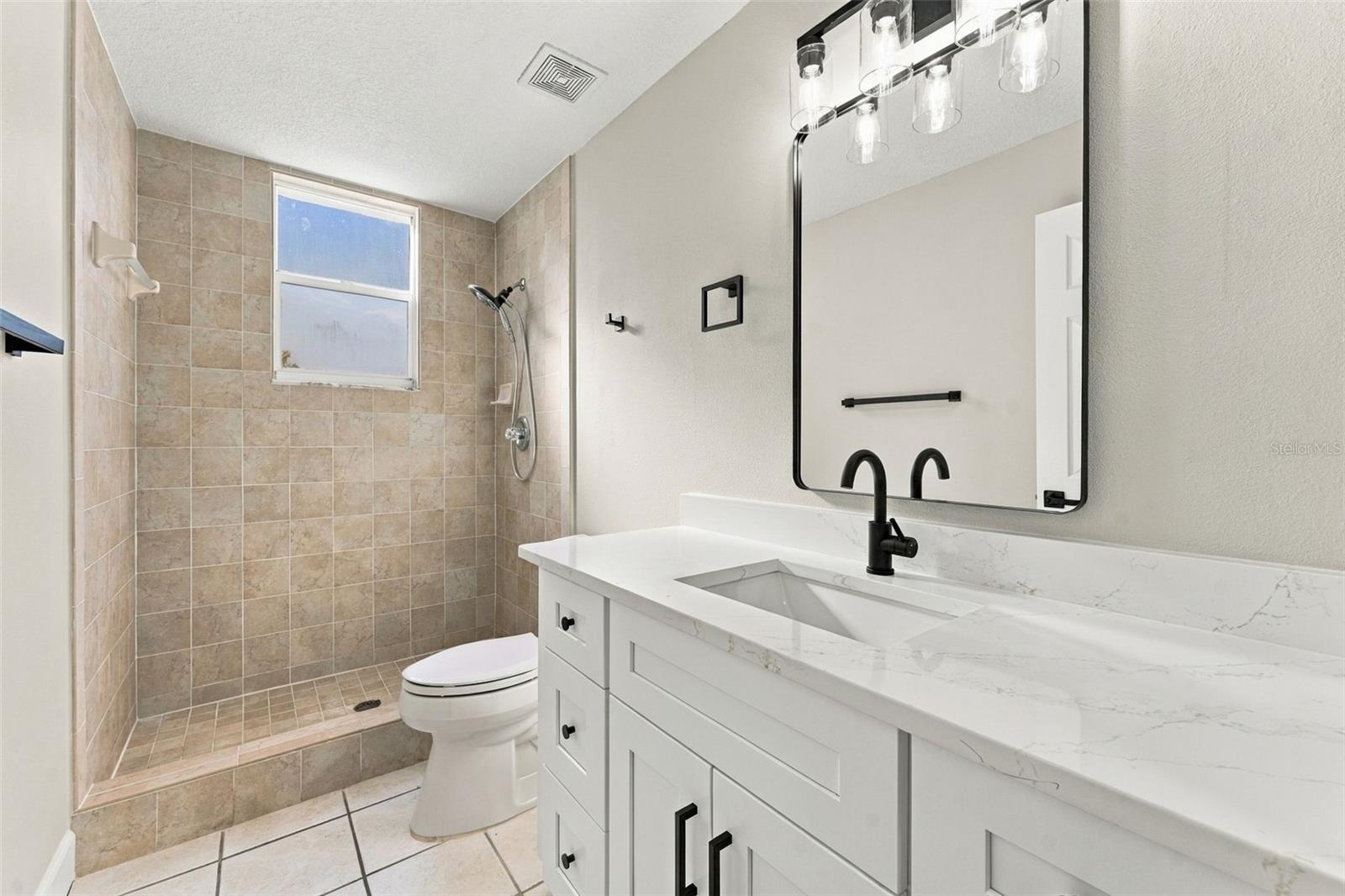 Downstairs hall bathroom with brand new vanity, mirror, lighting and fixtures