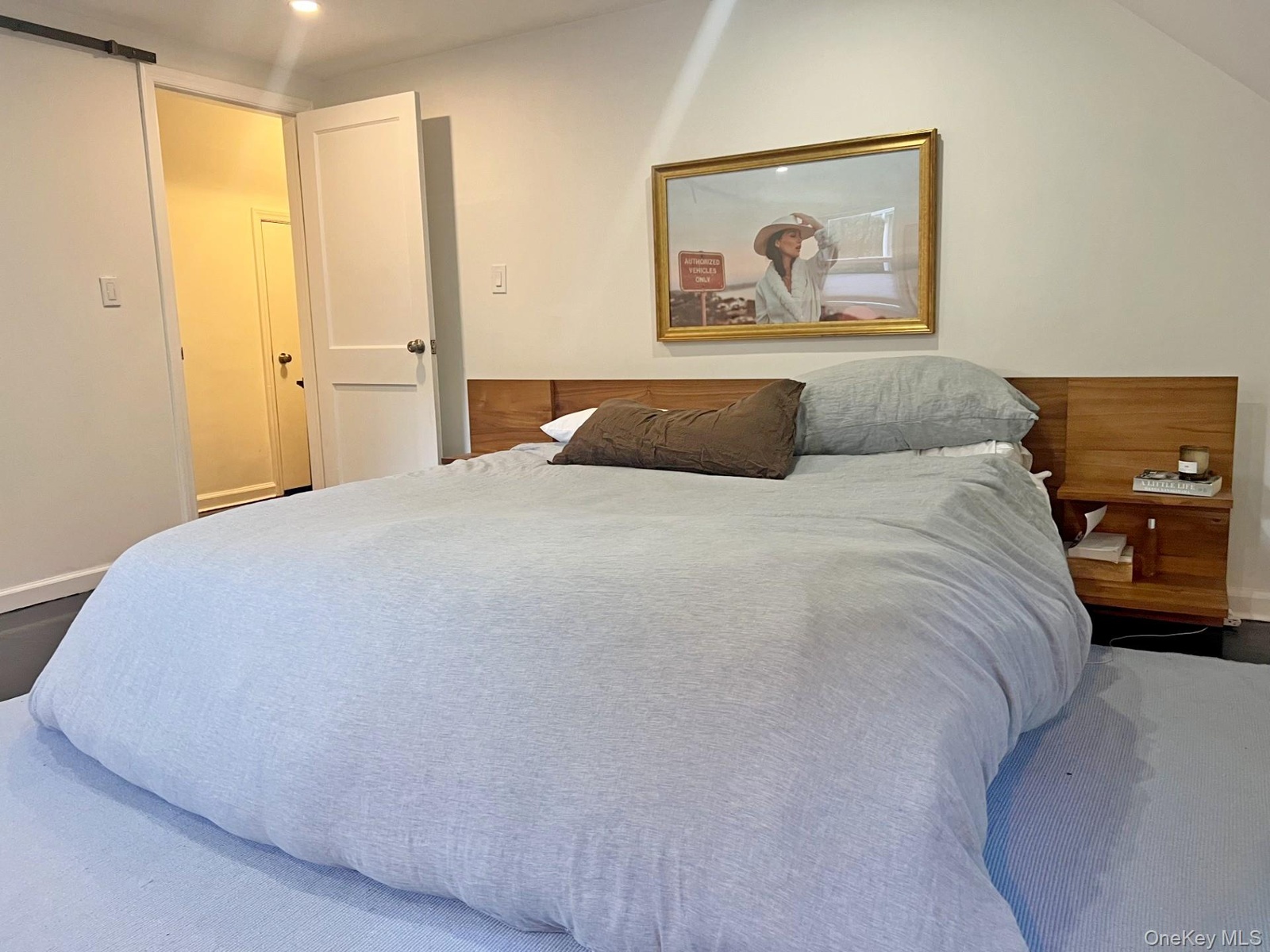 Large primary bedroom with wall to wall closet.